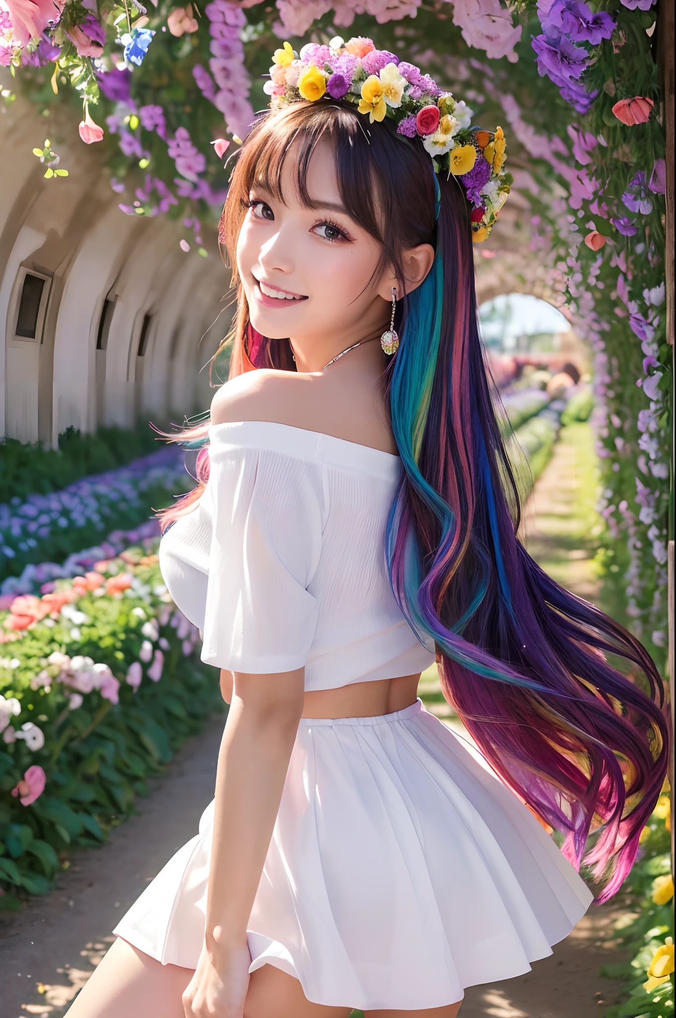 ((1 schoolgirl,Gal Photoreal,White off-the-shoulder T-shirt,a miniskirt,large full breasts,Photograph the whole body,thighs thighs thighs thighs,The biggest smile staring at the camera,Big smile,Looking at the camera)),((((Flower arch,Flower Tunnel,a large amount of flowers,Surrounded by flowers,the flower crown,Flower garden,Detailed flower garden,Filled with flowers,A tunnel made entirely of flowers,Arches filled with flowers,Everything is filled with flowers,Fill it with flowers without gaps,The whole thing is colorful,Everything is colorful,The largest flower garden in the world,Complex Flower Tunnel,Intricate floral arches,Very bright flowers))))colourful hair、A bracelet,耳Nipple Ring,gyuru,Perfect makeup,Scrunchie,Glitter powder on the face,Vertical Painting、Exquisite makeup、long eyeslashes、looking at the spectator、rainbow-colored hair, Top image quality, Top image quality, masterpiece, 独奏, depth of fields, (elegent: 1.2), a gorgeous,length hair, the wind, (elegent: 1.3), (((masterpiece)))、(((top-quality)))、((ultra-detailliert))、((beautifull detailed face))、colourful hair、(((striated hair))、beatiful detailed eyes、((((a high chroma))))