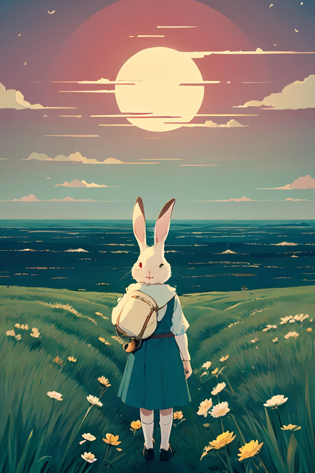 In the style of Hayao Miyazaki, a brave rabbit