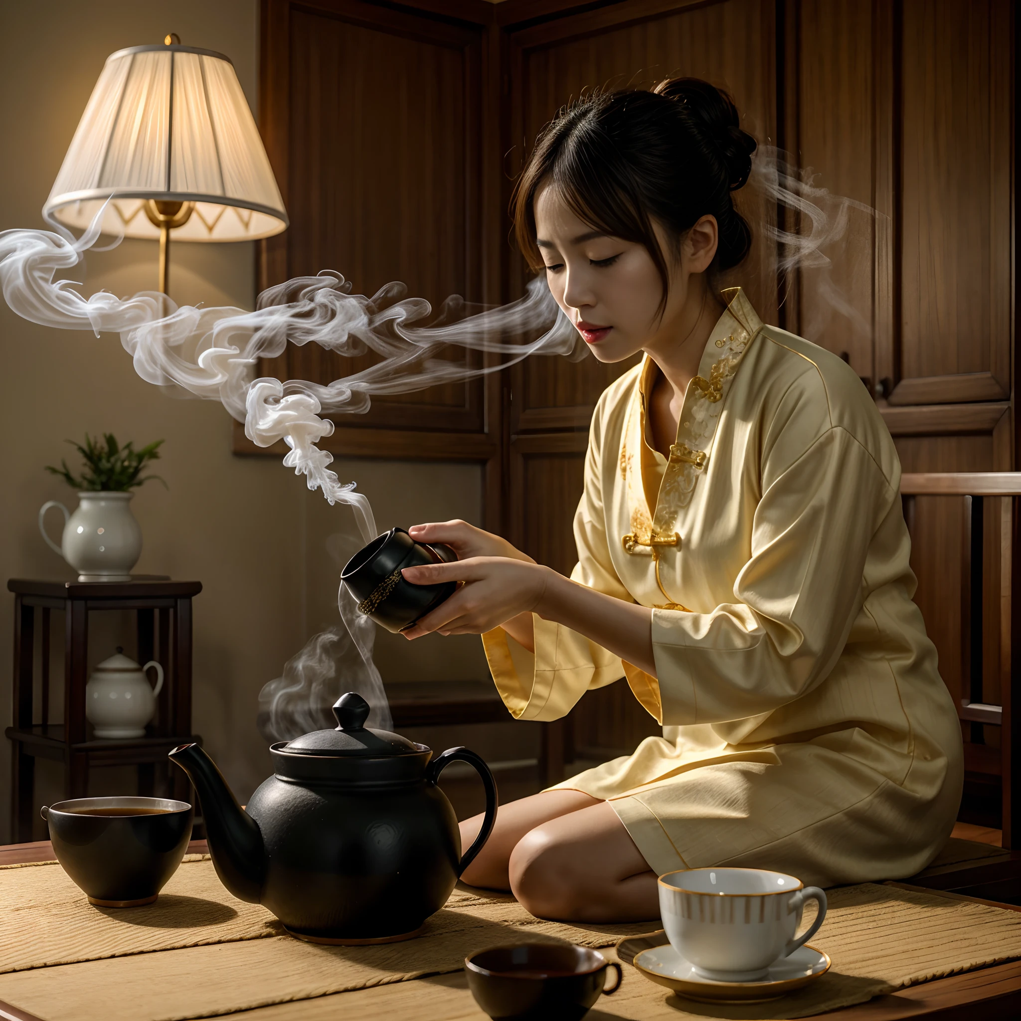(masterpiece, best quality), old Chinese woman, full body, face, hide feet, documentary photo of Chinese woman wears typical traditional Chinese dress is intent on the tea ritual. She pours steaming tea into a cup from a teapot. The woman is kneeling and pours steaming tea into a cup from a teapot. The cup is resting on a typical traditional low Chinese coffee table. Typical old Chinese room, smoke in the air, very diffuse light, sensual movements, green_eyes, red lips, slightly open mouth, closed eyes, soft light, high res photo, high detailed, (highly detailed skin:1.2), 16k, High details. ultra high res.photorealistic:1.4, UHD, DSLR, soft lighting, high quality, grain color film, FujifilmXT3, low angle point of view