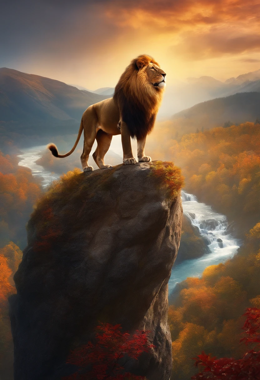 Cheerful man on top of a mountain with a waterfall fall is a maned lion on the side