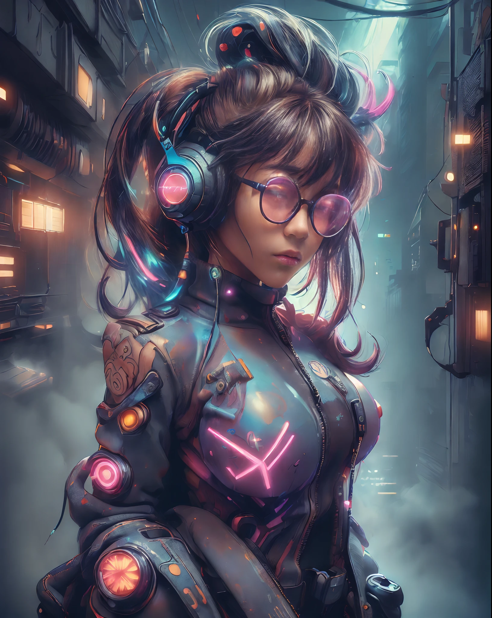 (((Random posture:1.2))), (masterpiece,best quality,ultra detailed,ultra high res,detailed background),((cyberpunk)),((flat color)),((colorful)),(1girl),pilot,pilot helmet,pilot jacket,looking_at_viewer, (headphones and spectacles:1.2),solo,upper body,colored background,high contrast,contrasting colors, large_breast, turtle neck, off shoulder, neon:1.7,