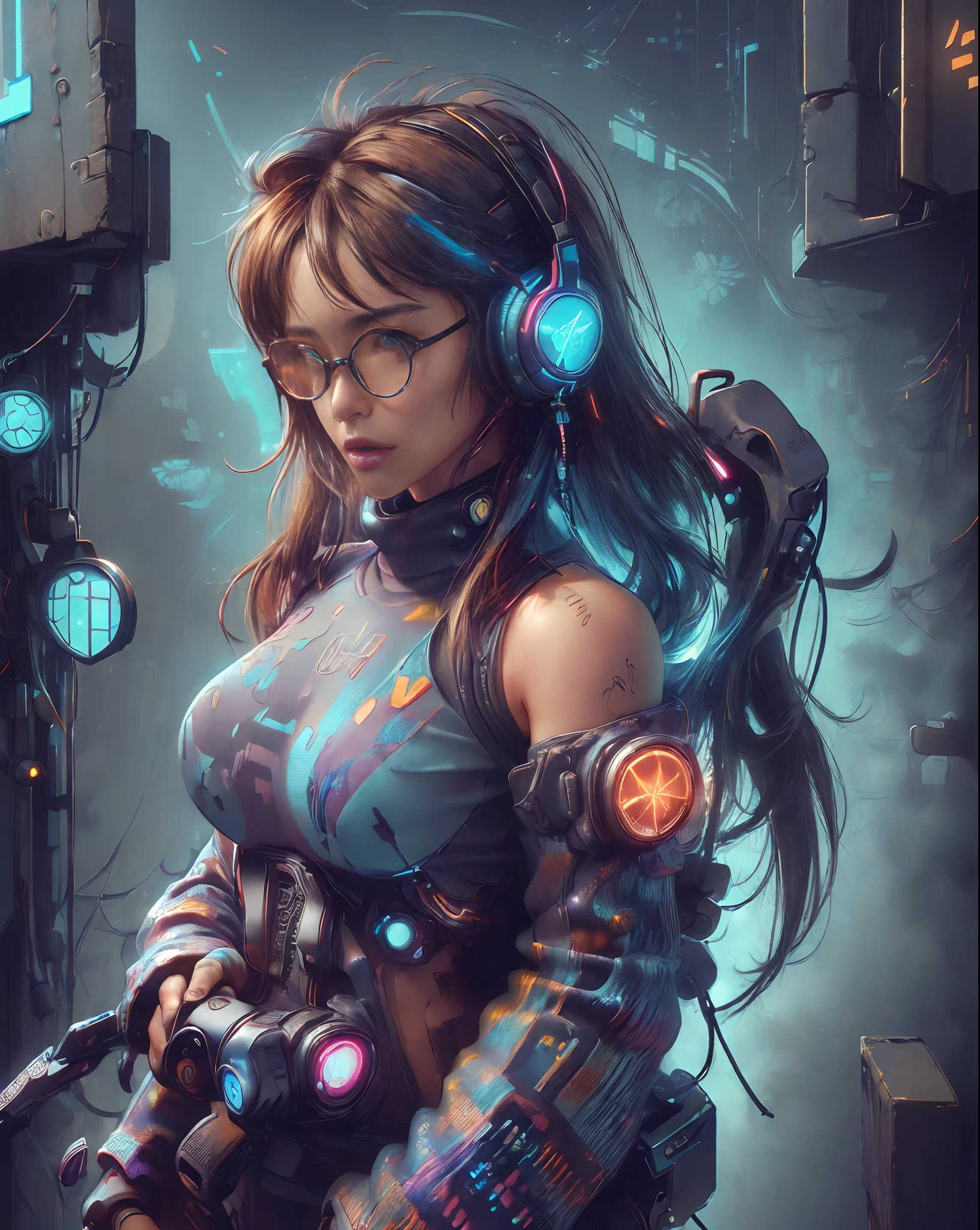 (((Random posture:1.2))), (masterpiece,best quality,ultra detailed,ultra high res,detailed background),((cyberpunk)),((flat color)),((colorful)),(1girl),pilot,pilot helmet,pilot jacket,looking_at_viewer, (headphones and spectacles:1.2),solo,upper body,colored background,high contrast,contrasting colors, large_breast, turtle neck, off shoulder, neon:1.7,