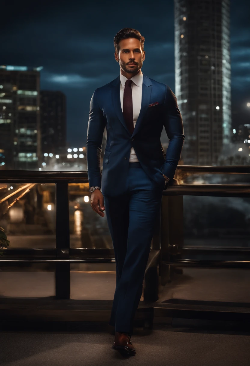 um homem careca de 31 anos com um cavanhaque vermelho, (best quality, Altas, ultra-detalhado), (Realistic:1.37), detailed facial features, olhos azuis penetrantes, maxilar forte, confident expression, vestindo um terno preto elegante, Standing in a modern urban landscape with tall skyscrapers and busy streets, (corajoso, Urbano, preto), cores vibrantes, Dramatic lighting with shadows and highlights, evoking a sense of power and elegance