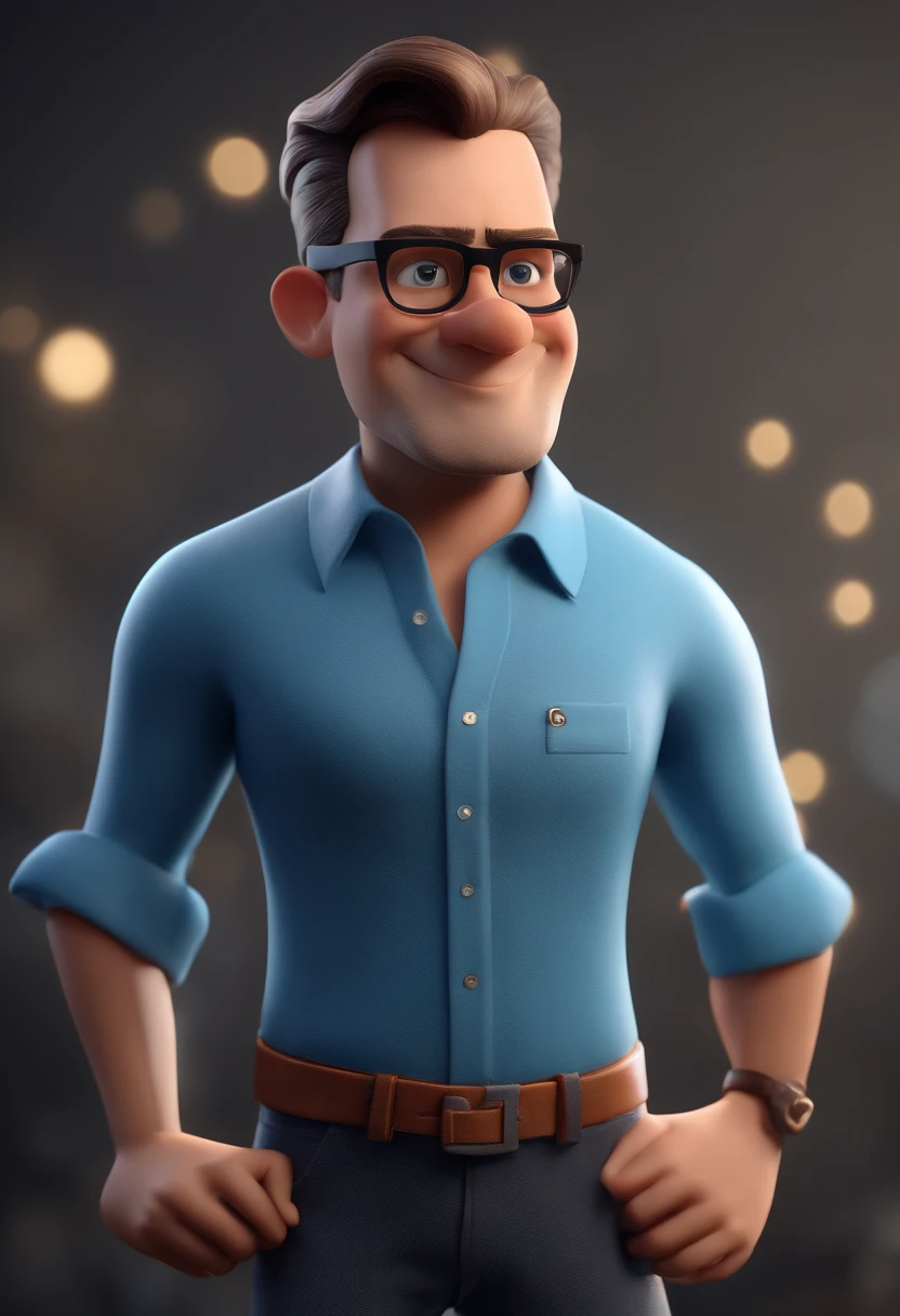 Cartoon character of a man with black glasses and a blue shirt, animation character, Caractere estilizado, animation style rendering, 3D estilizado, Arnold Maya render, 3 d render stylized, toon render keyshot, Personagem 3D, Personagem 3D, 3d rendering stylized, 3 d character render, personagem de desenho animado, Personagem de close up, Pose de personagem, (Estilo Pixar) (master part:1.2) (Bokeh) (best quality) (pele detalhada) (textura detalhada) (8k) (argila) (Cinematic lighting) (foco nítido