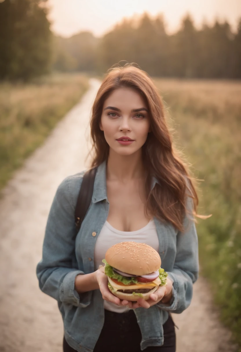 A beautiful young woman with a well-proportioned body runs in the early morning,A burger in his hand