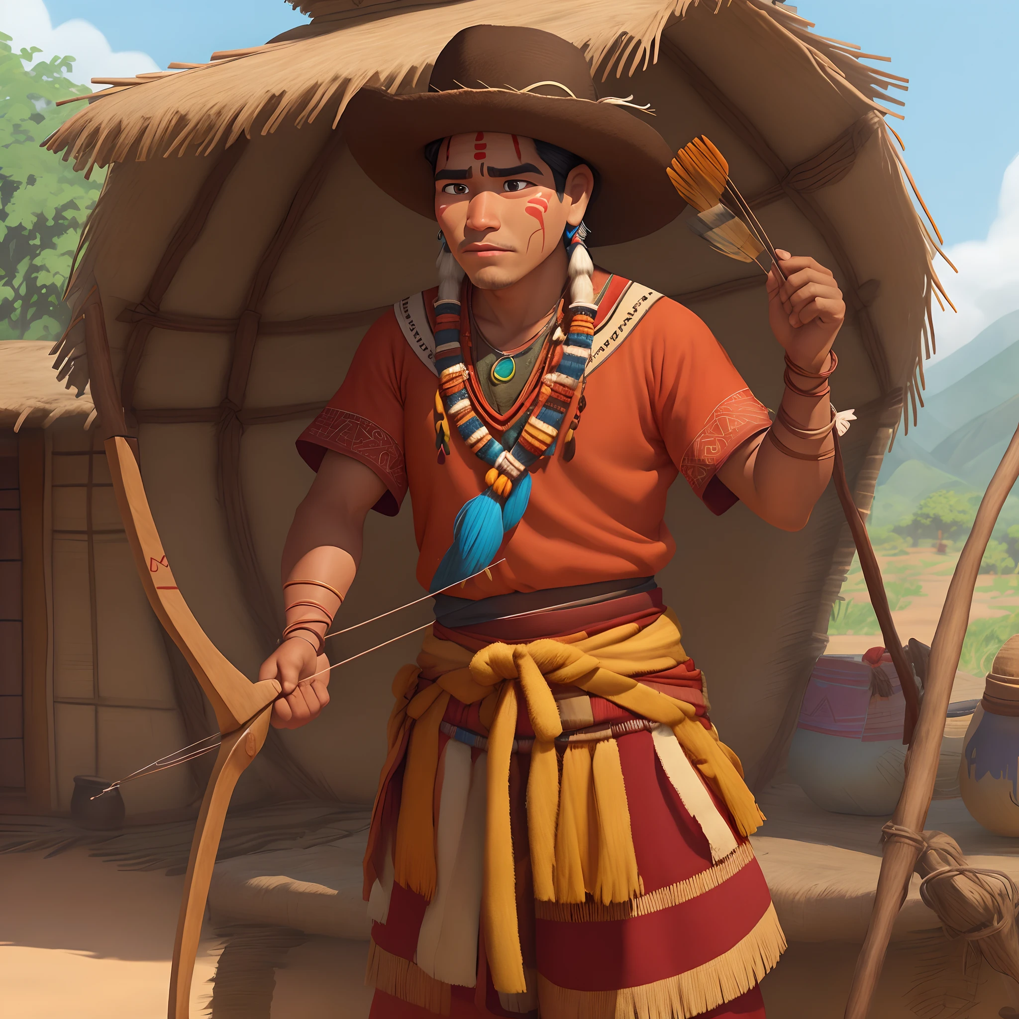 Cire um caboclo estilo Disney pixar. Ele tem peles moreno, Leader of the Half Young Indian Village. He paints his face for hunting and uses a bow and arrow. Create a Disney Pixar-style Amazon environment, in a Disney pixar-style Indian village. With its indigenous peoples Disney pixar style.