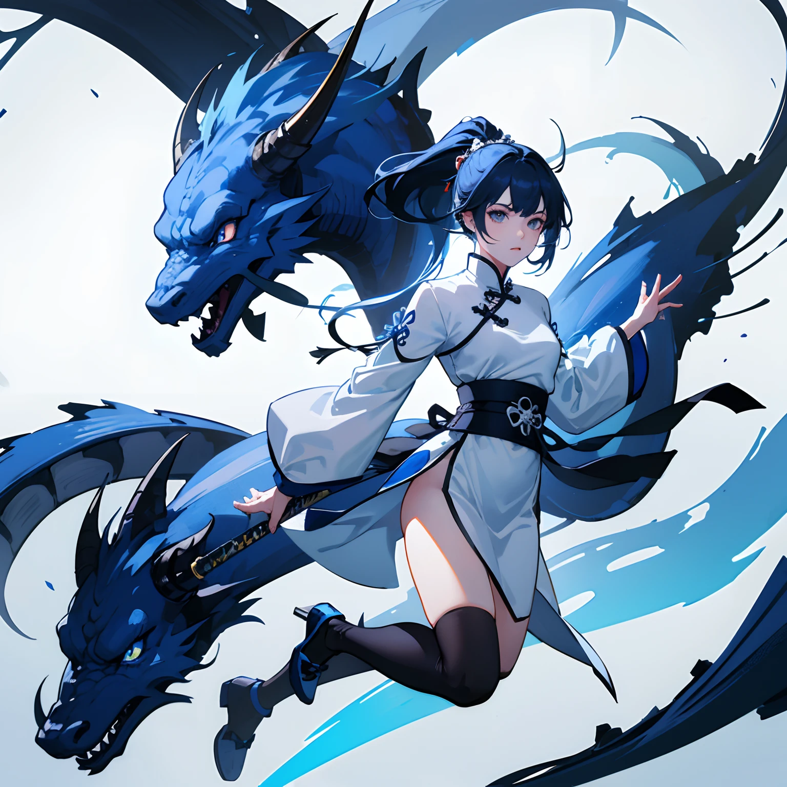Male ager、Blue-haired、long pony tail、White china clothes、Black China Shoes、Dragon horn、Dark blue blue dragon sword、jumpping、Bright and bullish look
