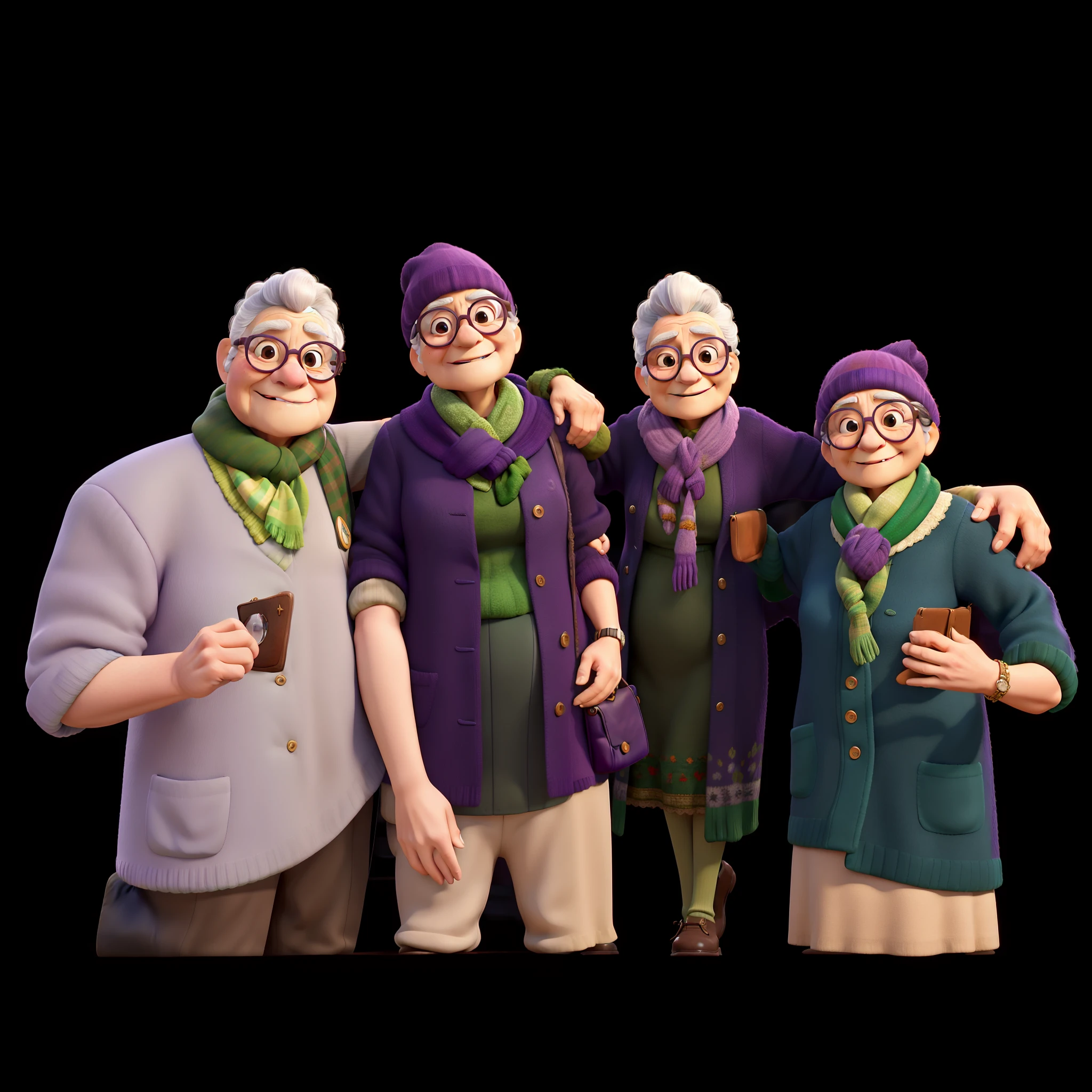 masterpiece, best quality, an old woman with glasses and a scarf on, wearing a purple coat and green scarf, standing at the park