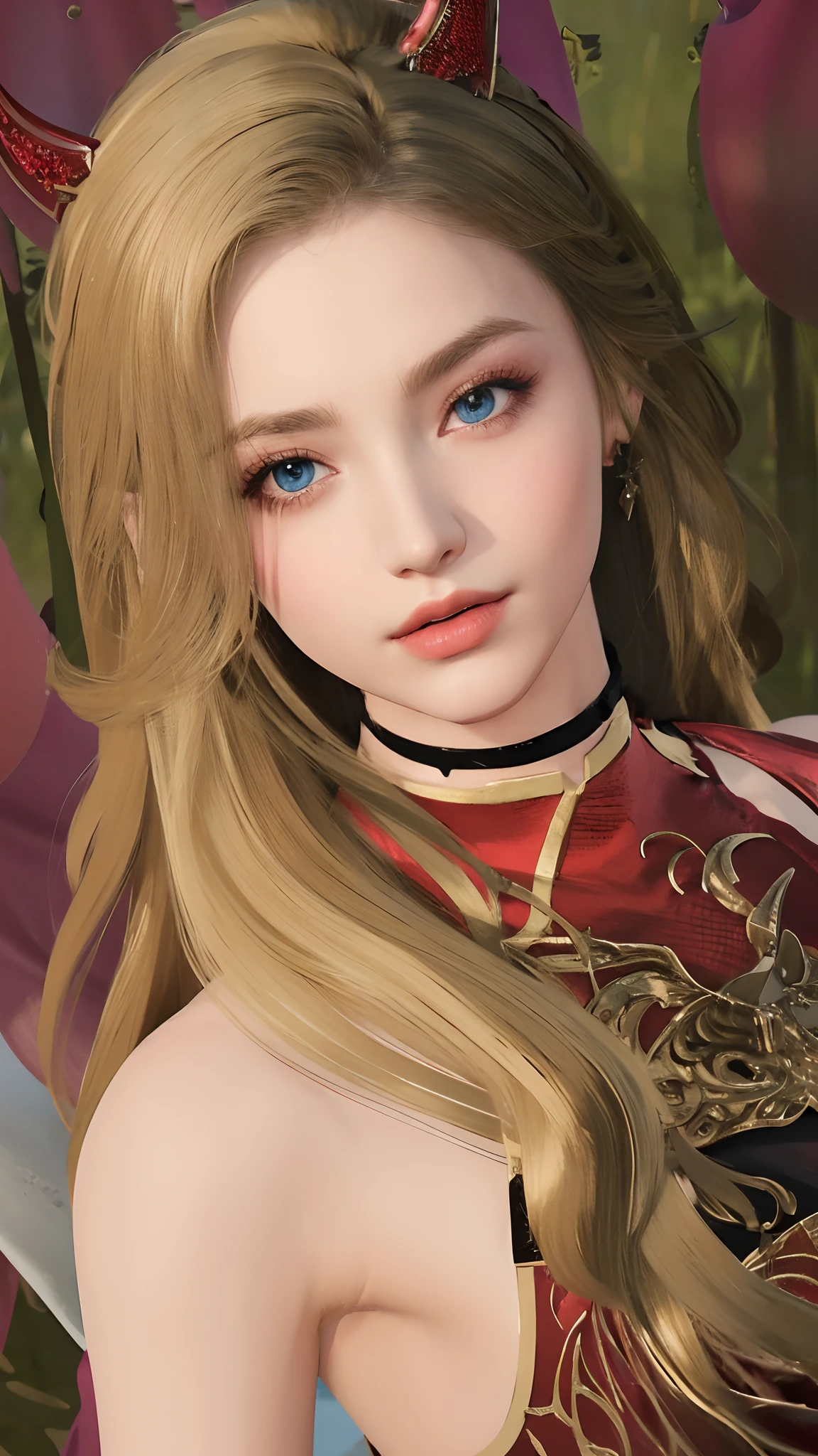 Best quality, masterpiece, ultra high res, (photorealistic:1.4), 1girl, offshoulder, deep shadow, shiny skin, blonde hair, jewelry, realistic, lips, gem, blue eyes, bracelet, breasts, bare_shoulders, detached_sleeves, earrings,