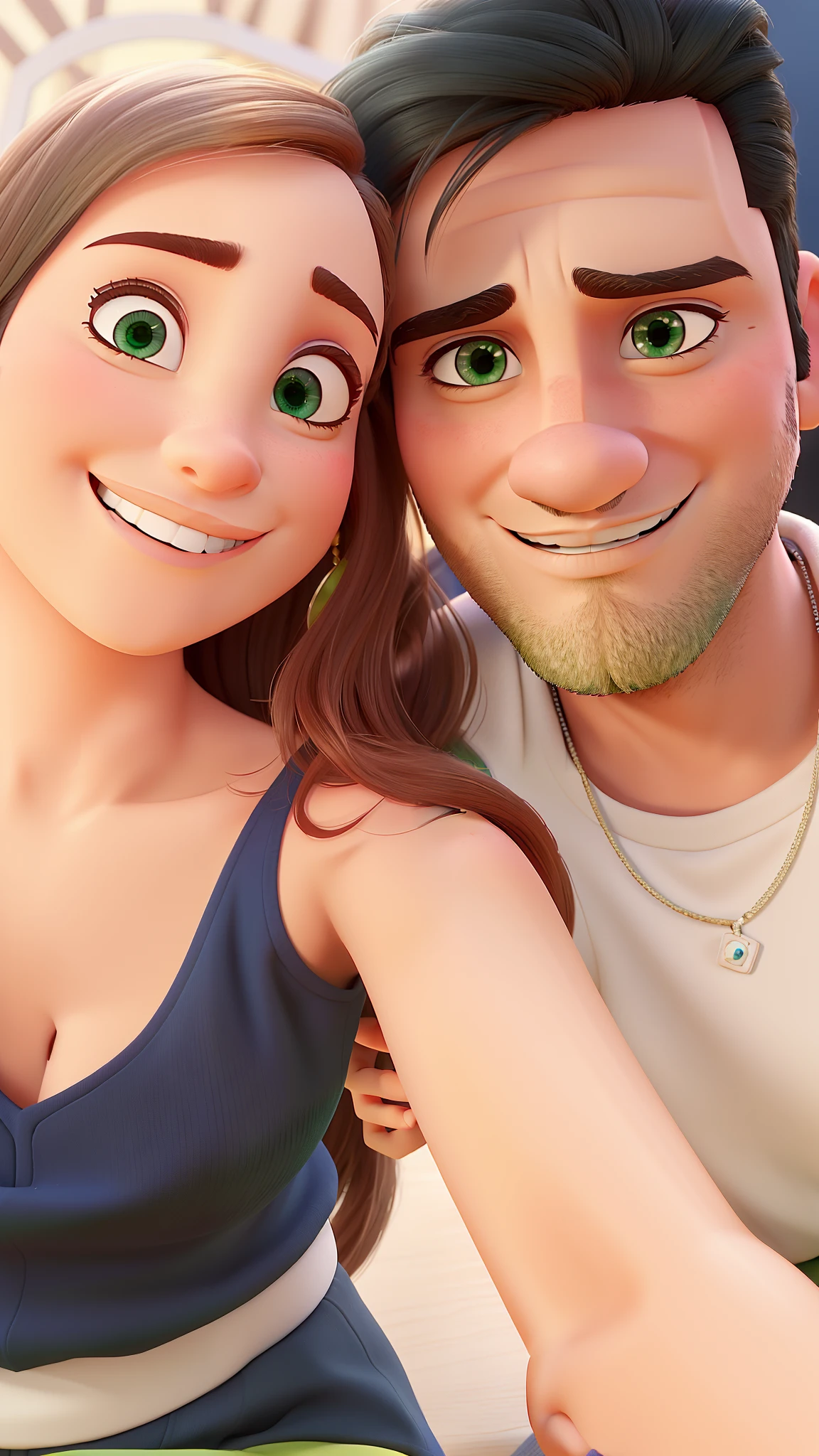 casal no estilo disney pixar, homem moreno com cabelos e barba pretos com os olhos castanhos, mulher loira dos olhos verdes ,alta qualidade, melhor qualidade