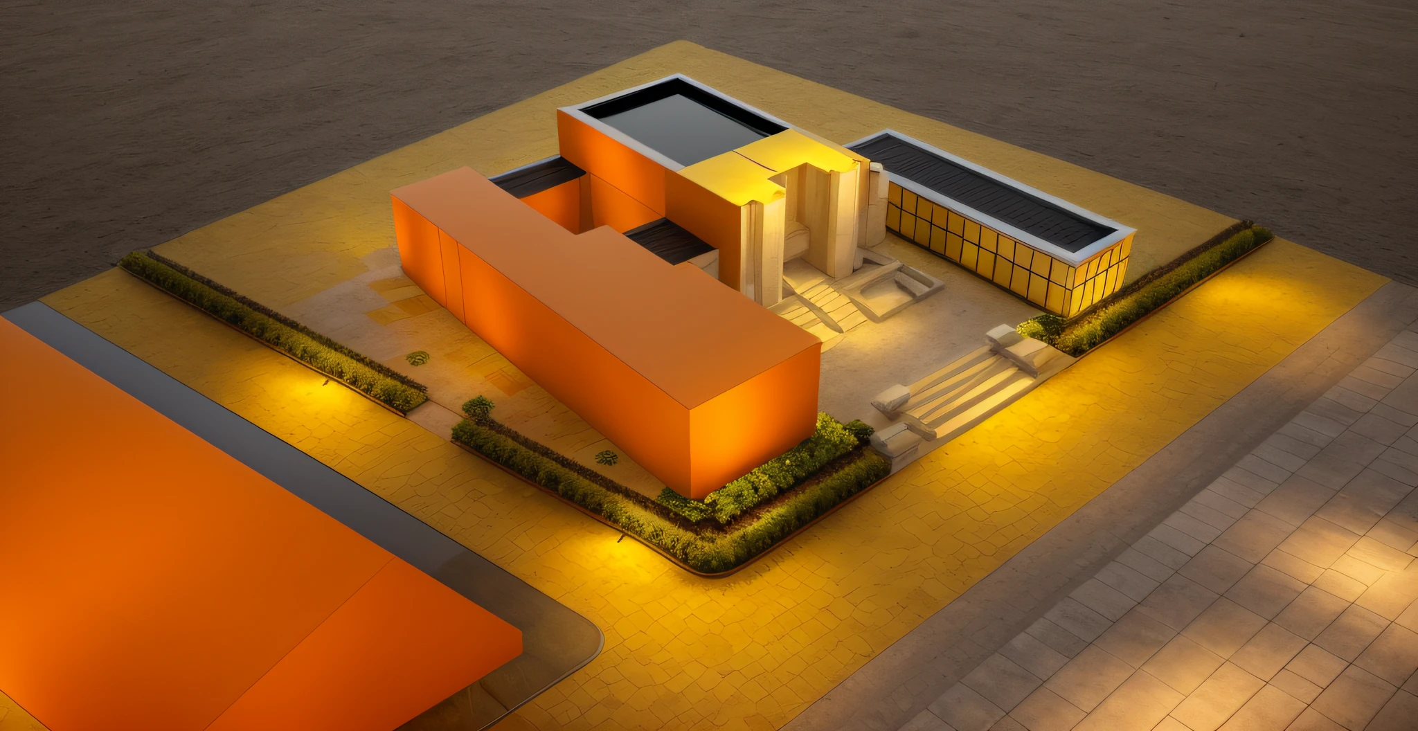 Neoclassical exterior with orange-yellow color and stone cladding