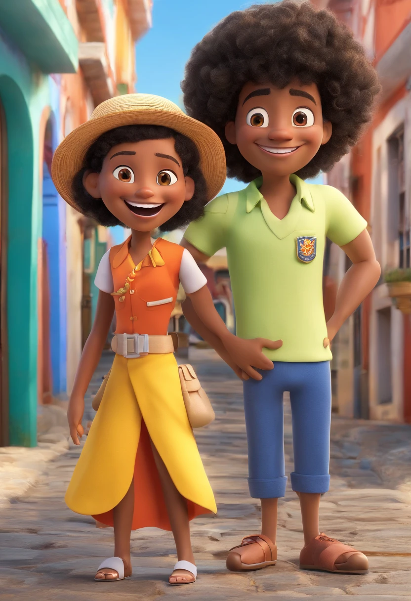 "An illustration of an adorable couple, apresentando um alegre, rechonchudo, Mulatto man with glasses and a brown-skinned woman with beautiful expressive eyes. O homem tem pele mulata e cabelos cacheados, enquanto a mulher tem pele negra e cabelos castanhos lisos. They are wearing the characteristic navy blue uniforms of the Municipal Guard of Feira de Santana, bahia. Atingem um exuberante, austero, e poses imponentes, com um carro patrulha azul marinho e Lagoa Grande, as well as buildings in the background. Illustrate this scene from a perspective where they are facing the camera, sorridente, and showing your connection. Create this artwork in Full HD, Focus on a cinematic touch, no estilo da Disney Pixar Animations. A legenda inferior diz Disney / Pixar, Guarda Municipal de Feira de Santana."