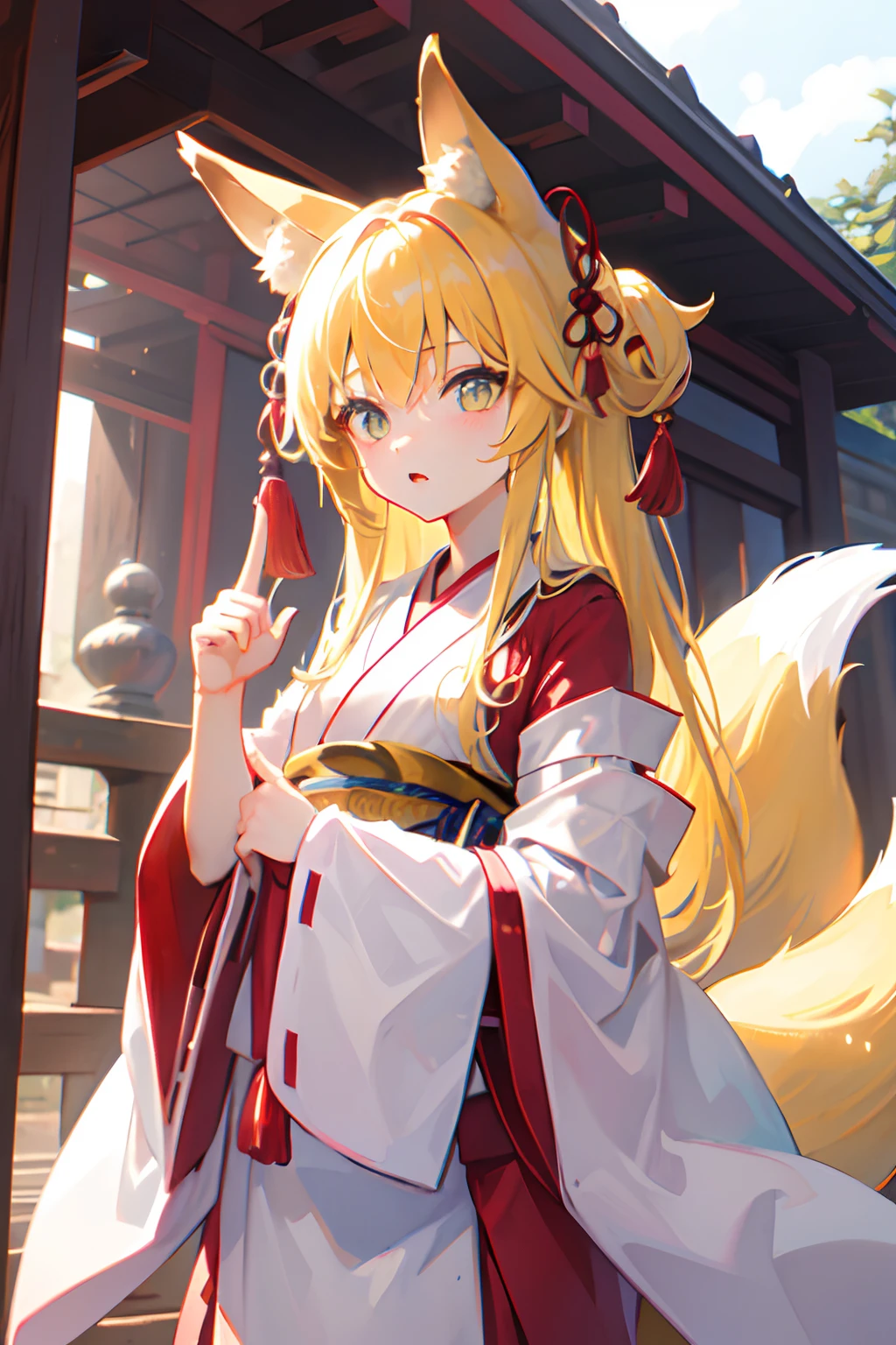 Fox ears、Fox tail、Yellow hair and eyes、shrine maiden clothe、shrines、Looks like a ***********、Bewitching、Deities々Right、Detailed finger、