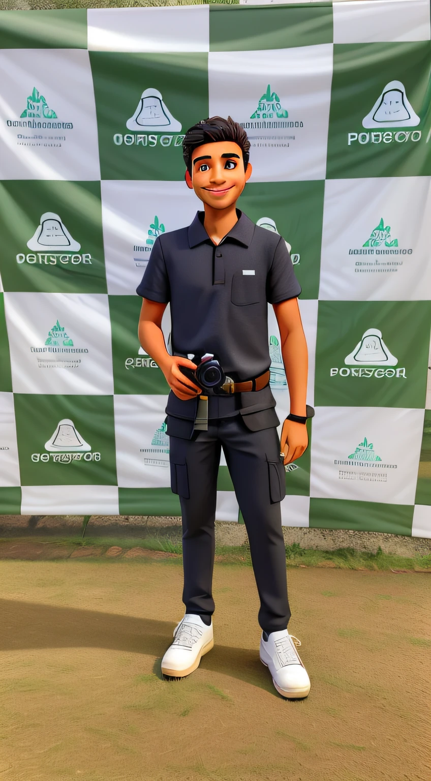 A Smiling Man Holding a Camera in His Right Hand Smiling, vestido de preto e com fundo estampado
