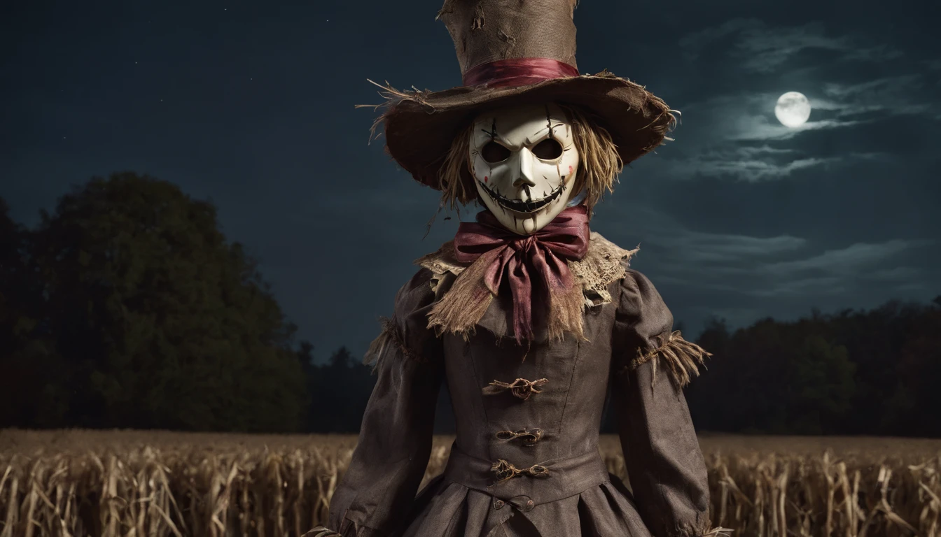 creepy scarecrow in field at night, halloween night, creepy haunted house in the background, ultra detailed, masterpiece.