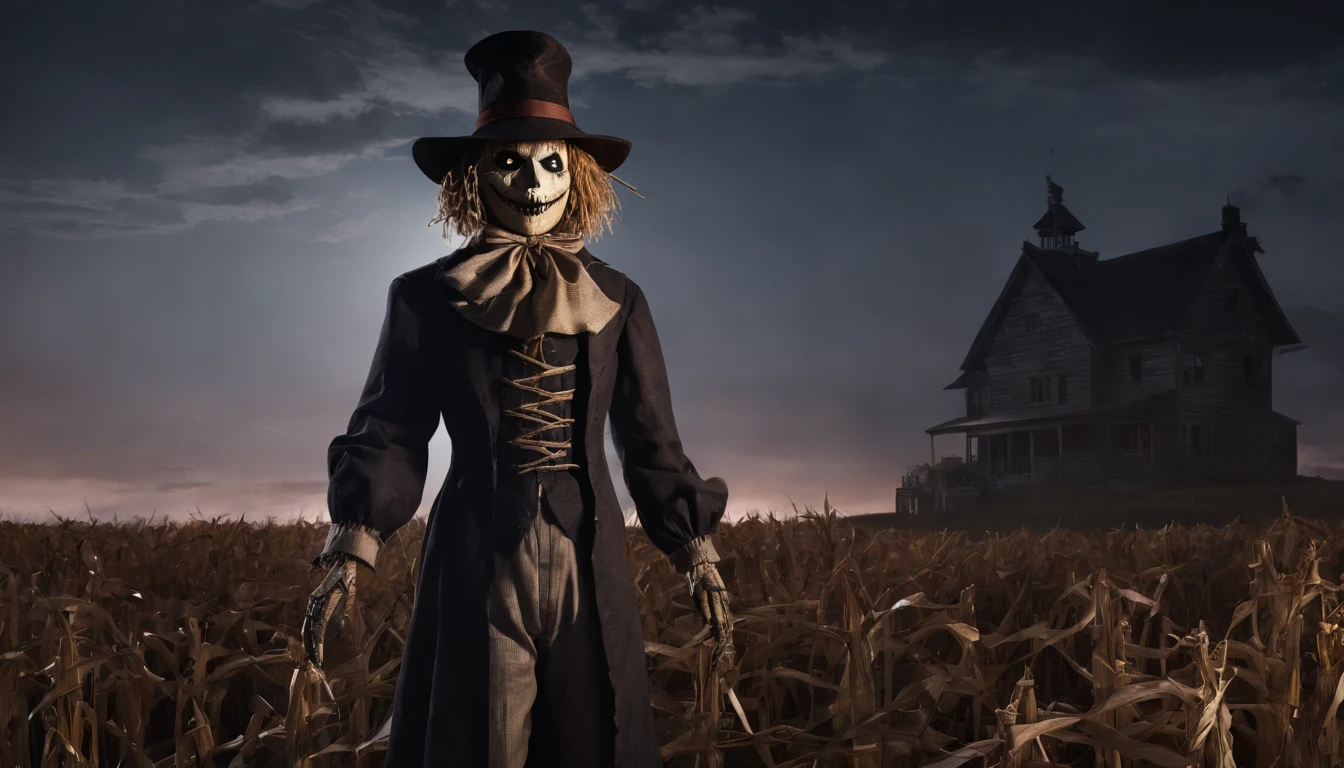 creepy scarecrow in field at night, halloween night, creepy haunted house in the background, ultra detailed, masterpiece.