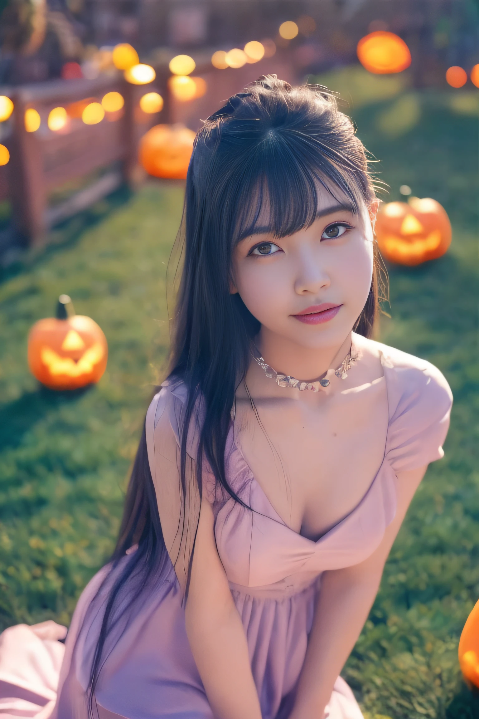 1girl in, A smile, (((tiny chest))), (((Bokeh))),depth of fields, cute face, Gaze towards the viewer, masterpiece, model shoot tyle, cleavage of the breast, Full body portrait, sexy pose, ((8K 、RAW Photos、top-quality、masterpiece)、High Detail RAW Color Photo Professional Photo、(realisitic、Photorealism:1.37)、(top-quality)、(Best Shadows)、(The best illustrations)、超A high resolution、High-definition CG unified with 8K wallpapers、physically-based renderingt、Cinematic lighting)、(halloween night:1.5),Pretty Witch、Take a pumpkin