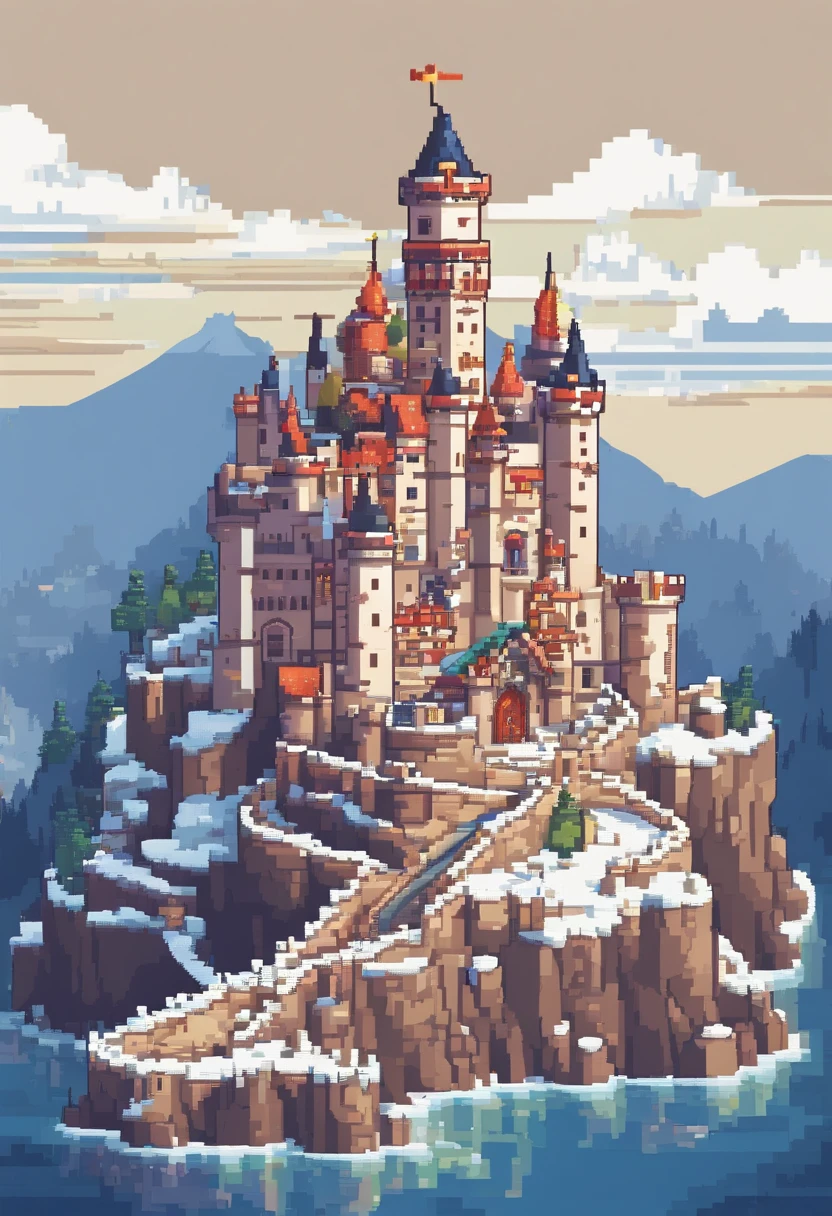 Um castelo na colina, com montanhas ao redor, todas com neve, . Pixel Art 3D Papel de parede 4K. Amazing pixel art details. Pixel Art. Ondas de vapor. Pixel Art detalhado do mecanismo irreal