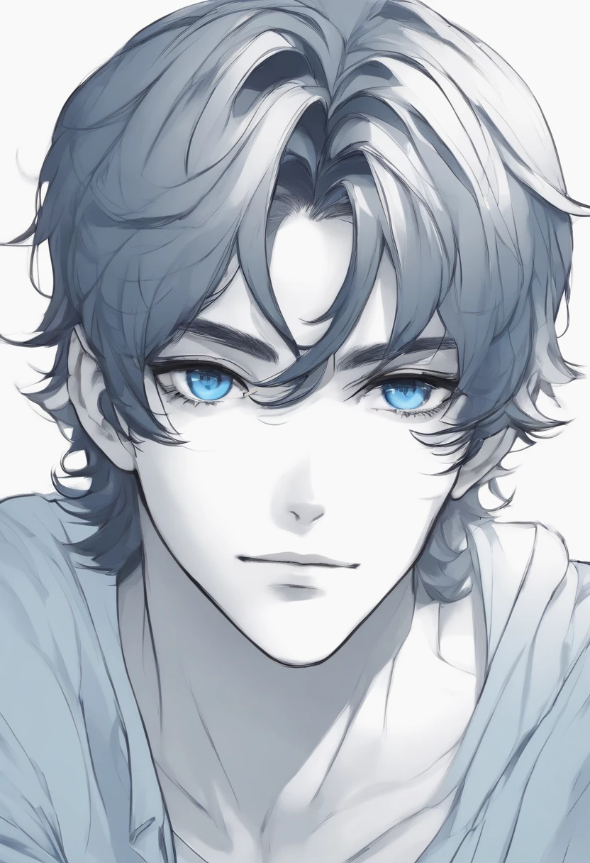 em(melhor qualidade: 0,8), Perfect anime illustration, Retrato em close-up extremo de um homem ,desenho animado homem com cabelo arrepiado loiro ,(obra prima),Camisa azul escuro de gola polo. olhos azul sorrindo na frente de uma loja de piscinas