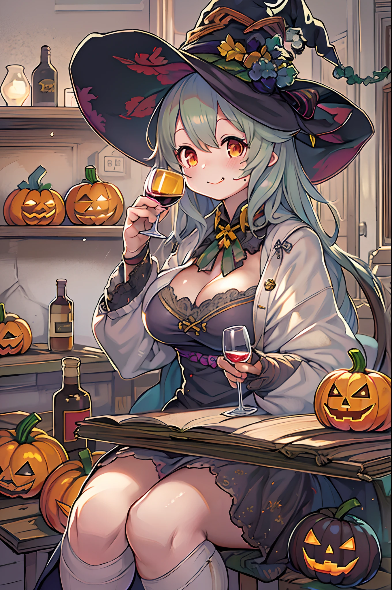 Anime character sitting at a table with a pumpkin and a wine glass, guweiz on pixiv artstation, halloween celebration, Halloween atmosphere, halloween art style, In the portion shop, guweiz on artstation pixiv, trick or treat, witch academia, kawacy, artwork in the style of guweiz, guweiz, characters from azur lane、bbw