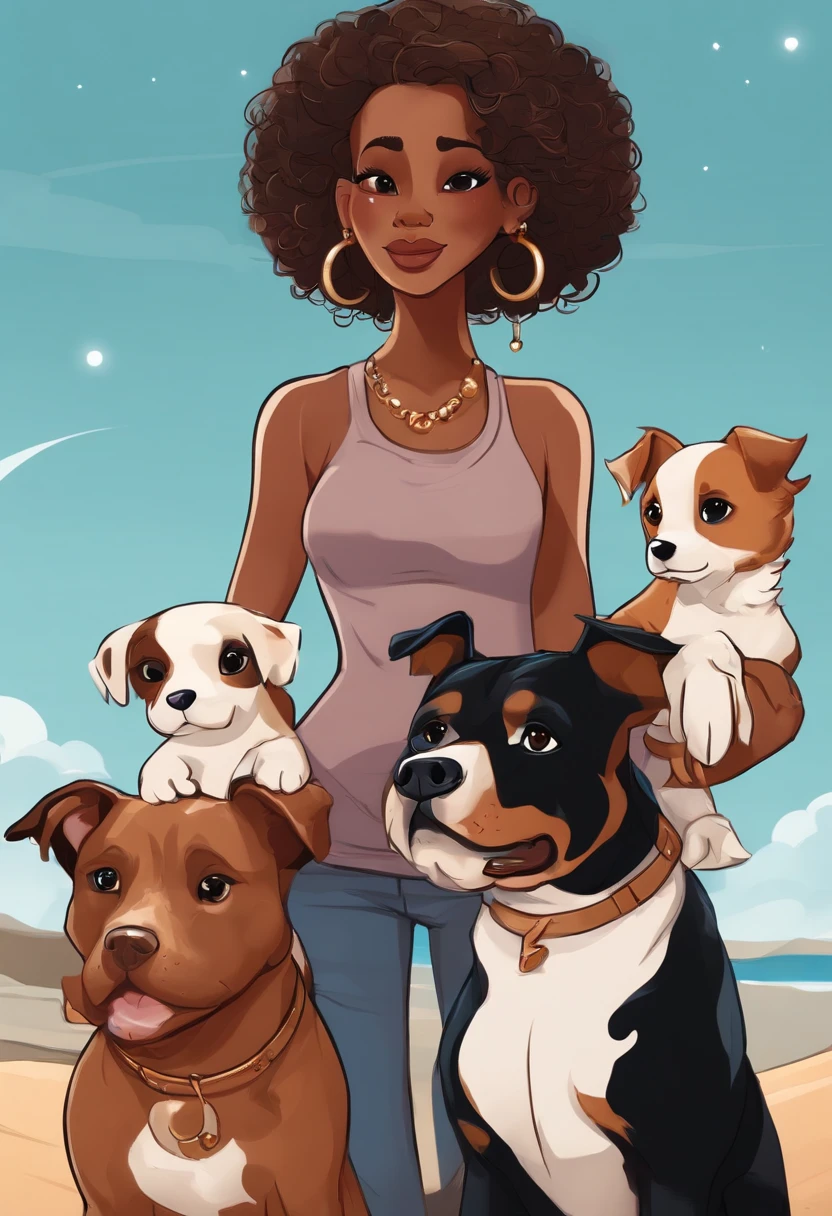 Melhor qualidade de imagem Cartoon pixel jovem mulher cabelos castanhos com pontas claras , Dark-skinned and black eyes with nose ring piercing with her two dogs next to her, a white one with ears standing up turns into a can and another caramel with a white breast Pitbull and her tricolor kitten