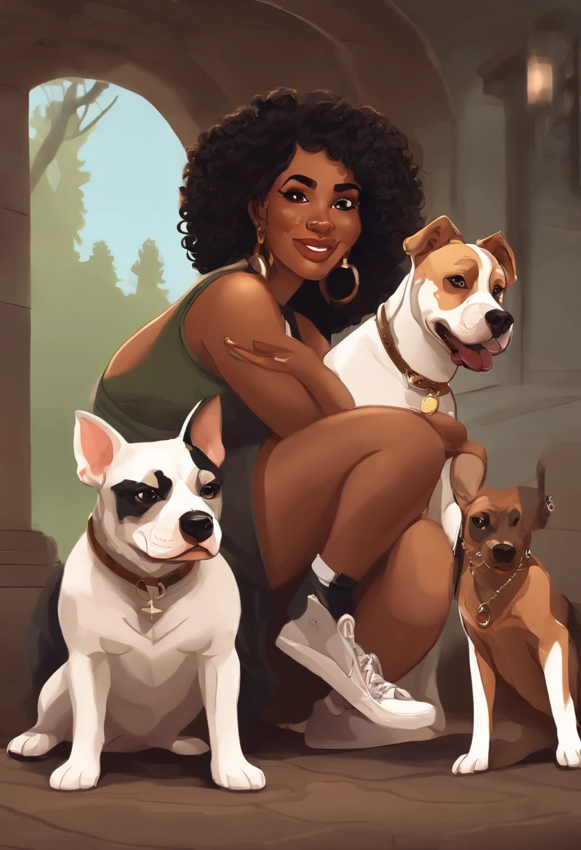 Melhor qualidade de imagem Cartoon pixel jovem mulher cabelos castanhos com pontas claras , Dark-skinned and black eyes with nose ring piercing with her two dogs next to her, a white one with ears standing up turns into a can and another caramel with a white breast Pitbull and her tricolor kitten