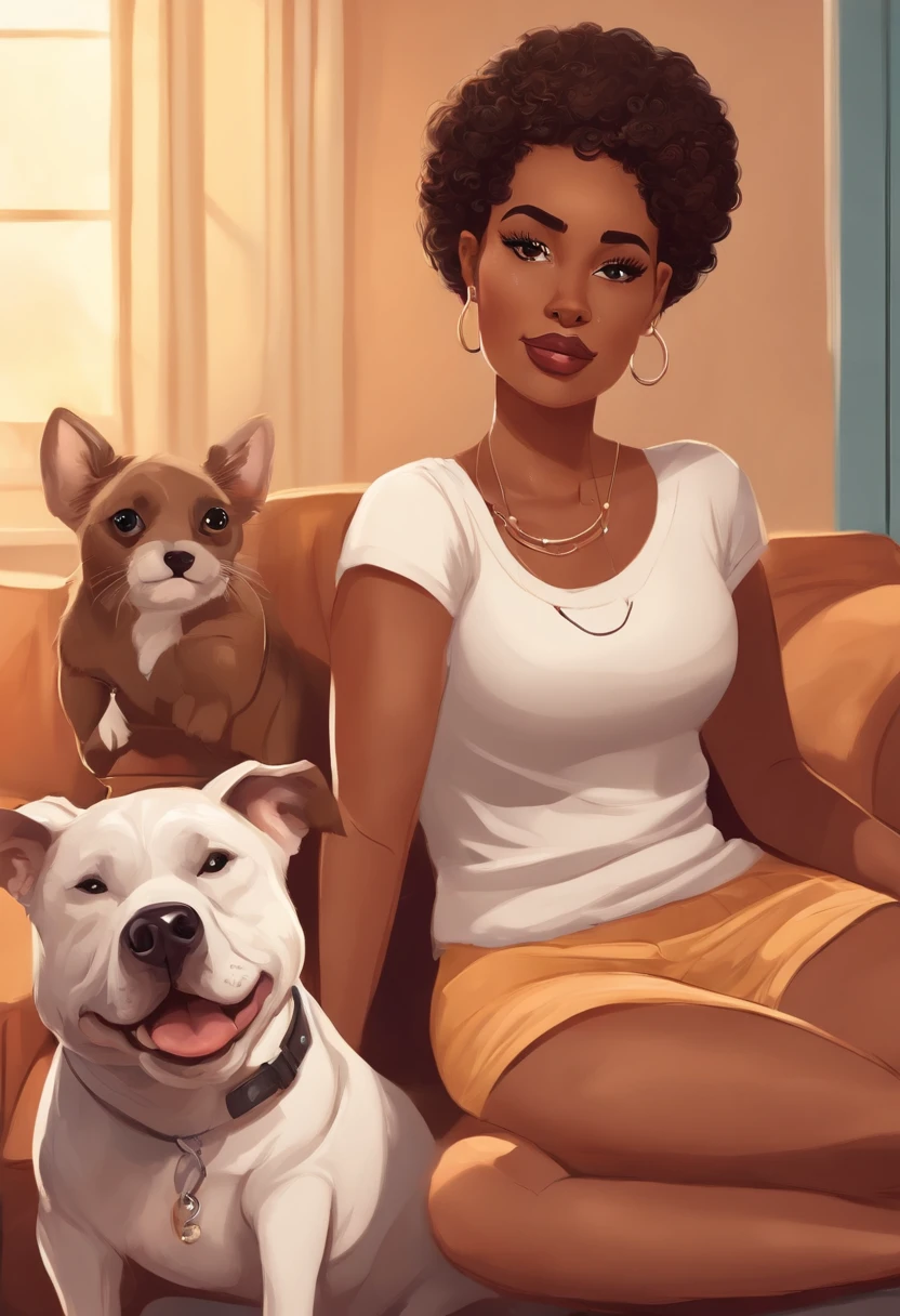 Melhor qualidade de imagem Cartoon pixel jovem mulher cabelos castanhos com pontas claras , Dark-skinned and black eyes with nose ring piercing with her two dogs next to her, a white one with ears standing up turns into a can and another caramel with a white breast Pitbull and her tricolor kitten