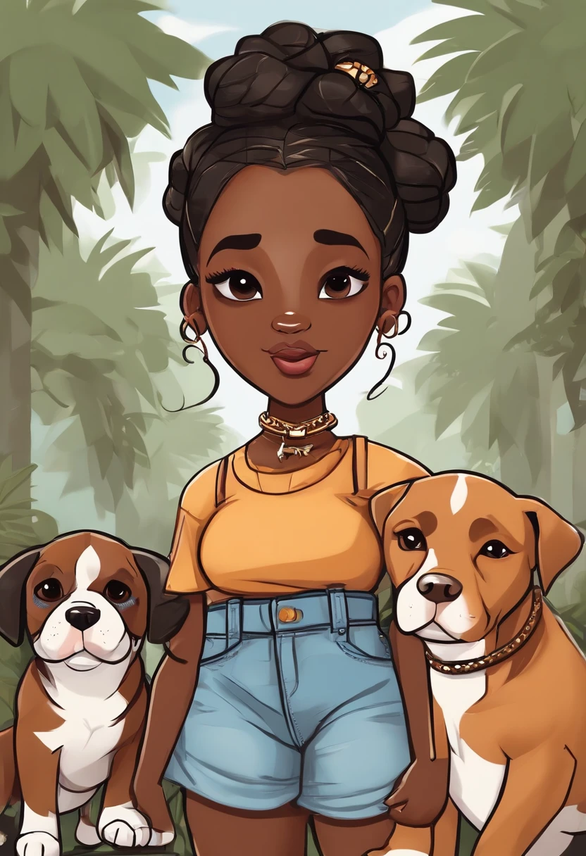Melhor qualidade de imagem Cartoon pixel jovem mulher cabelos castanhos com pontas claras , Dark-skinned and black eyes with nose ring piercing with her two dogs next to her, a white one with ears standing up turns into a can and another caramel with a white breast Pitbull and her tricolor kitten