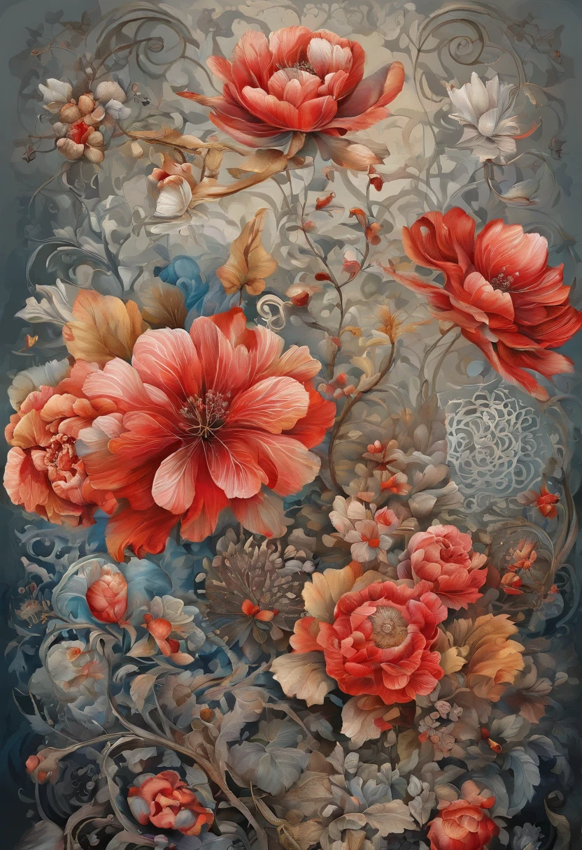 offcial art, Unity 8k wallpaper, Ultra detailed, Beautiful and aesthetic, Masterpiece, Best quality, (zentangle, mandalas, tangled, entangle), (Fractal art:1.3) , 1girll, Red flowers, Extremely detailed, Dynamic Angle, cow boy shot, The most beautiful form of chaos, elegant, Fauvistdesign, vivd colour, romanticism lain, author:James Jean, roby dwi antono, ross tran, Francis Bacon, Michal Mraz, adrian ghenie, petra cortright, Gerhard Richter, Takato Yamamoto, Ashley Wood, Atmospheric
