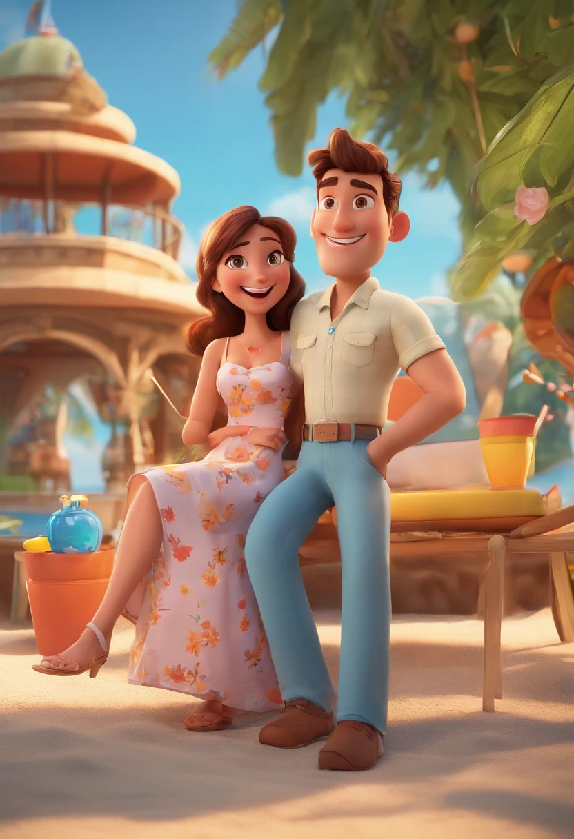 Cartoon of couple having fun on vacation together, 3D Animation Movie Poster, Poster de filme animado, pixar 3 d animation style, pixar renderman rendering, maia 8 mil, animated film, Disney Pixar Estilo 3D, casal felizes saem juntos, He wearing a light blue shirt and cream brown long pants, ela vestido vermelho ao ar livre, vacation, Disney Pixar Animation Poster