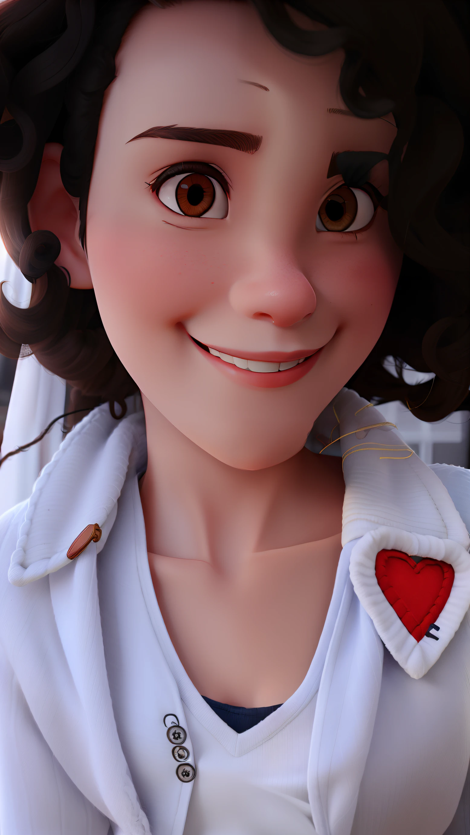 A beautiful girl with medium curly hair with bangs and dark brown, Dark eyes in jeans and white knitting smiling
