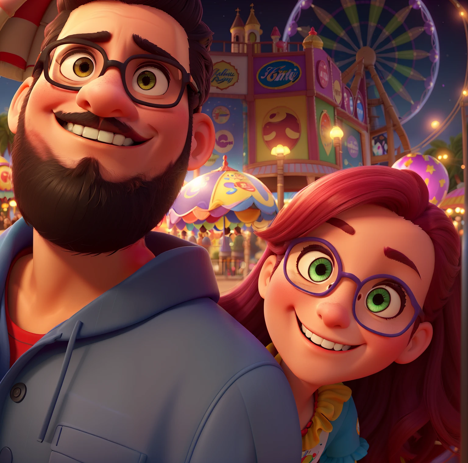 "A couple at a night amusement park, Em um estilo Pixar, Man without glasses and black hair, mulher com cabelo vermelho e olhos castanhos, (best quality, Altas), (cores vibrantes, luzes vibrantes), detailed cenary, atmosfera alegre, Passeios extravagantes, Personagens coloridos, (Estilo desenho animado, frisky:1.1), (vivid colors), (encantado, magica), dinamic poses, (excitante, Energetic), horizonte cativante, luzes cintilantes, (rostos expressivos), (Semelhante a um sonho, surreal), (Lively crowds), (roda-gigante, Montanhas Russas, Carousels), (Fun-filled adventure), (Nostalgic, Lembra), (childhood memories), (cheio de risos), (Romantic Feel), (Humor alegre), beautiful night sky, (encantado, brilhante), (Classic Carnival, vintage feel), (refrescante, atmosfera vibrante), (dancing lights, neon signs), (Feliz, alegre), (imagination, maravilha), (genial), (Magical moments), (Spectacular fireworks), (Colorful balloons), (Wholesome, Familiar), (fantasia), (Memorable experience)."