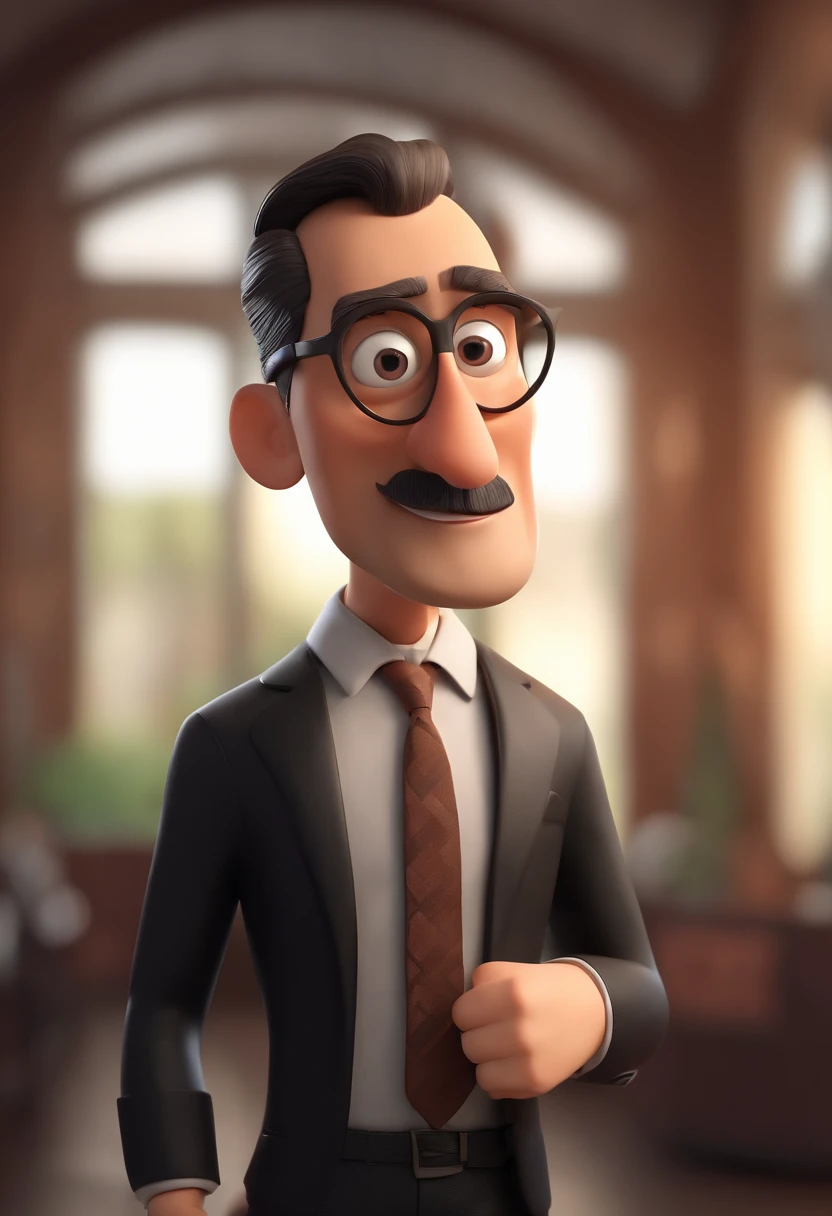 Cartoon character of a man with rectangular black glasses black suit, 47 anos cabelo curto, Com barba e bigode fino. Brown eyes bible in hand. Droopy Eyes, thin lipsanimation character, Caractere estilizado, animation style rendering, 3D estilizado, Arnold Maya render, 3 d render stylized, toon render keyshot, Personagem 3D, Personagem 3D, 3d rendering stylized, 3 d character render, personagem de desenho animado, Personagem de close up, Pose de personagem, (Estilo Pixar) (master part:1.2) (Bokeh) (best quality) (pele detalhada) (textura detalhada) (8k) (argila) (Cinematic lighting) (foco nítido