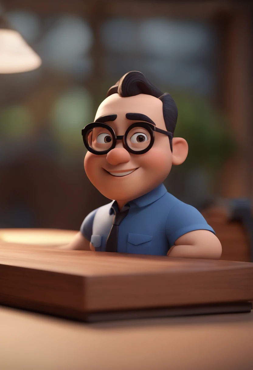 Cartoon character of a man wearing black glasses and a blue shirt, um personagem animado, Caractere estilizado, animation style rendering, 3D estilizado, Arnold Maya render, 3 d render stylized, toon render keyshot, Personagem 3D, Personagem 3D, 3d rendering stylized, 3 d character render, personagem de desenho animado, Personagem de close up, Pose de personagem, (Estilo Pixar) (master part:1.2) (Bokeh) (best quality) (pele detalhada) (textura detalhada) (8k) (argila) (Cinematic lighting) (foco nítido,Senta e vaza a parte superior do corpo
