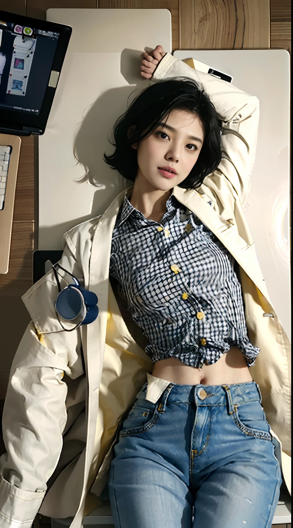 ((Small underboob)), (shoulder-length straight short hair:1.2),(black hair:1.5),Upper body, （Extremely meticulous CG 8k wallpaper），（Extremely refined and beautiful），（Masterpiece），（best qualtiy：1.0），（Ultra High Resolution：1.0），beautiful light up，Perfect lightning，realistic shaded，[A high resolution]，Smooth and flawless fair skin，Extremely exquisite facial details，（perfect body：1.1），ultra - detailed,A beautiful girl，small head,(Small breasts:1.1)，Flat chests，slim，thin，Smile,Squinting eyes,happy,(doctor's white coat:1.7),(Yellow checkered collared shirt:1.4),(denim pants:1.3),autumn,Morning,A female doctor,(messy hair:1.1),unkempt,In a dilapidated hospital，In the office,(lying flat on back on the computer table:1.5),Close Shot,(a lot of money on the table:1.5),cowboy shot,Portrait above chest level,from above,(female orgasmic:1.5),(blush:1.3),