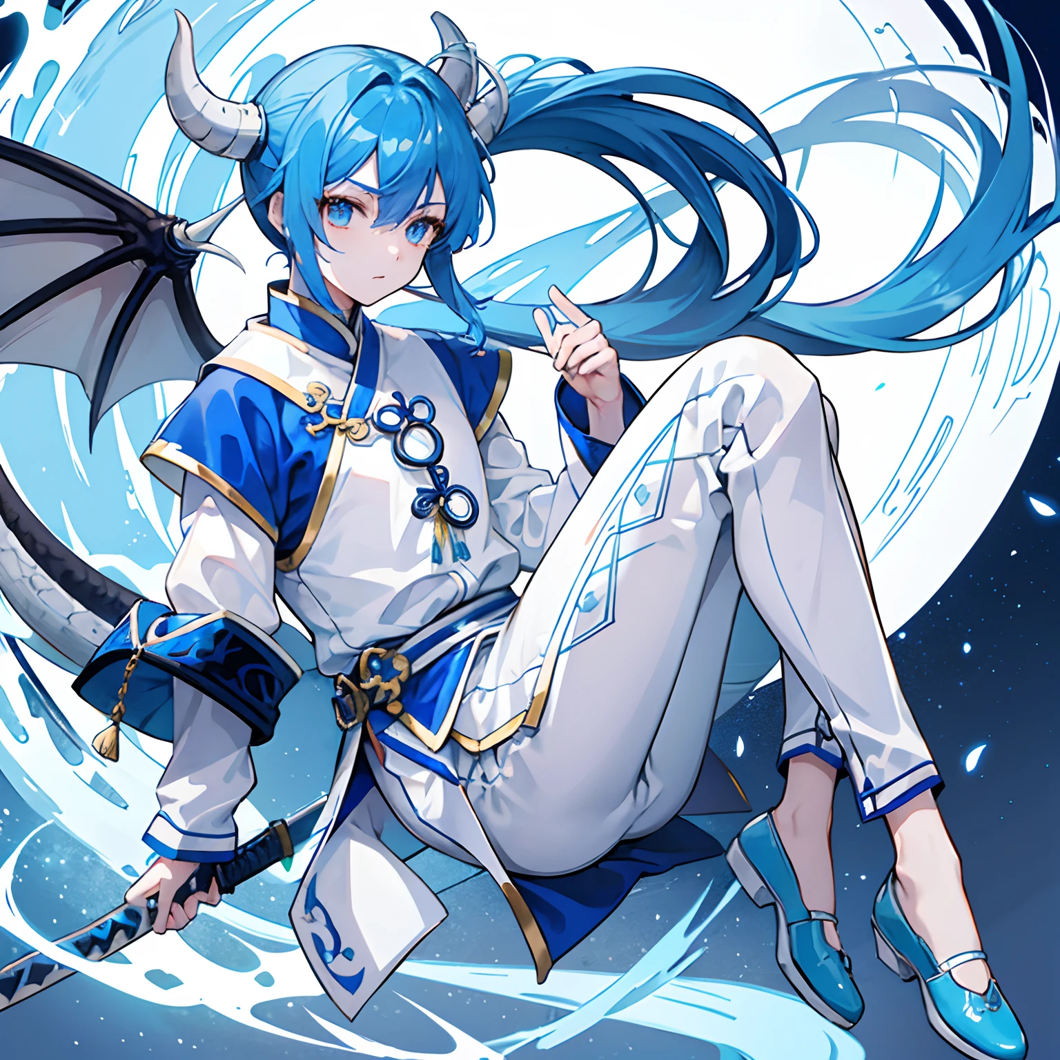 Male ager、Blue-haired、long pony tail、White china clothes、White pants、Black China Shoes、Dragon horn、Dark blue blue dragon sword、jumpping、Bright and bullish look