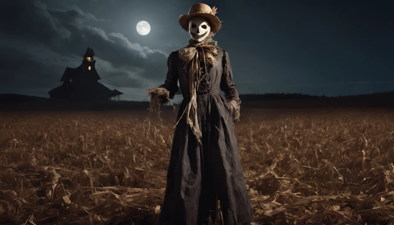 creepy scarecrow in a field at night, halloween night, creepy haunted house in the background, ultra detailed, masterpiece.