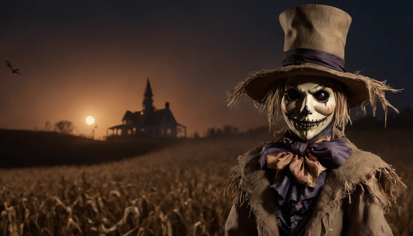 creepy scarecrow in a field at night, halloween night, creepy haunted house in the background, ultra detailed, masterpiece.