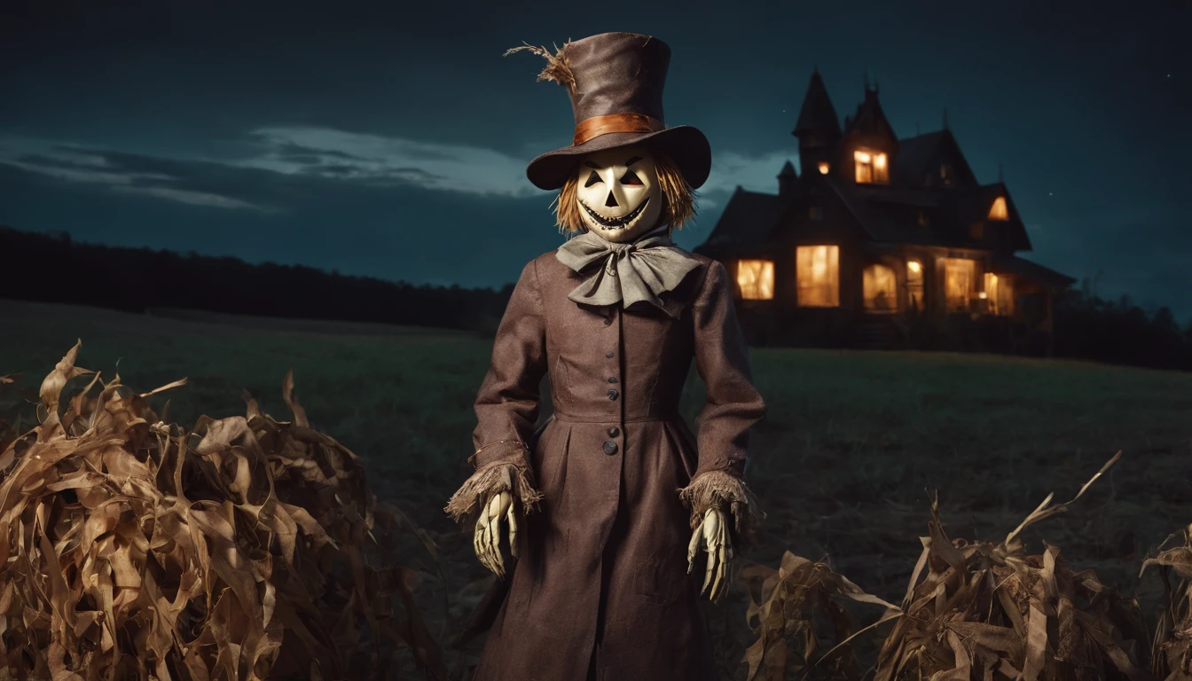 creepy scarecrow in a field at night, halloween night, creepy haunted house in the background, ultra detailed, masterpiece.