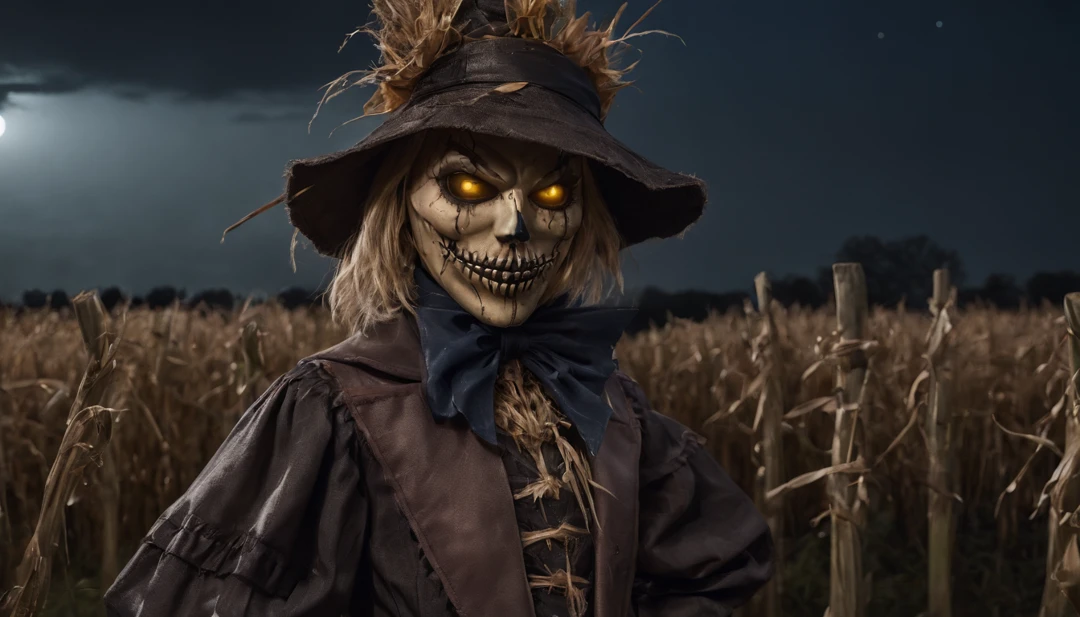 creepy scarecrow in a field at night, halloween night, creepy haunted house in the background, ultra detailed, masterpiece.
