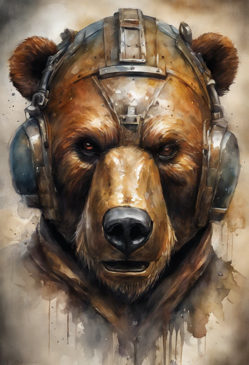 HighestQuali, dramatic lighting, threatening posture, fierce expression, epic atmosphere, (((Helmet in the shape of a bear's head))), (((tiro de corpo inteiro))),Ursos feitos de metal, ciborgue, estilo cyberpunk, mechnical, ((detalhes intrincados)), HDR, ((detalhes intrincados, Ultra - Detalhado)), incandescent bulbs, filmagem de cinema, vinheta, Efeito Bokeh Baker terra, (canid), (tiro de corpo inteiro).