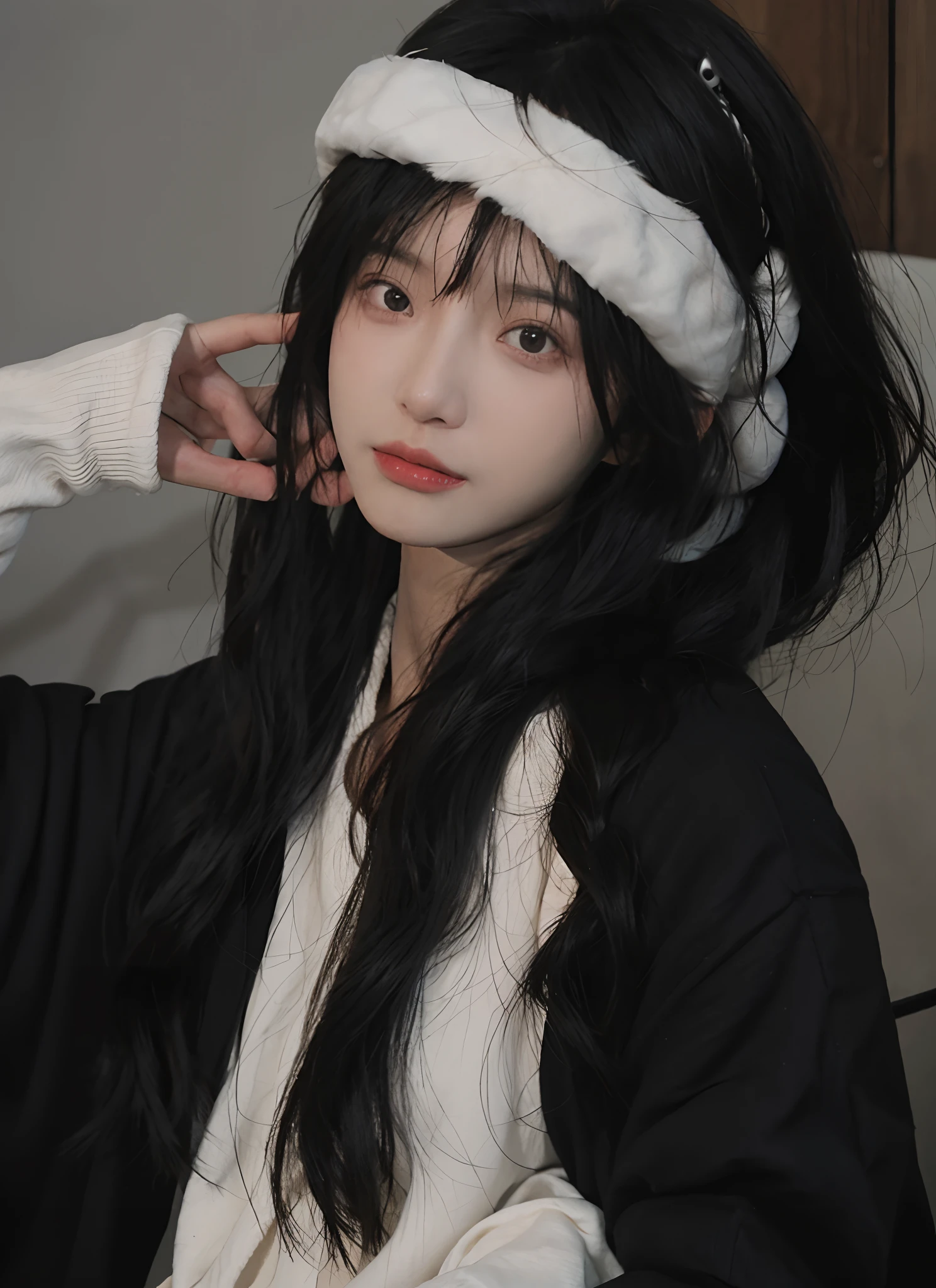 best qualtiy， 超高分辨率， （realisticlying：1.4）， A woman with long black hair and a gray sweater, 中景 the scene is, She has black hair，By bangs, young lovely Korean faces, wan adorable korean face, ulzzangs, Shin Jinying, beautiful aesthetic face, Korean face features, Played by Liu Lee Ji Eun ，Beautiful realistic face