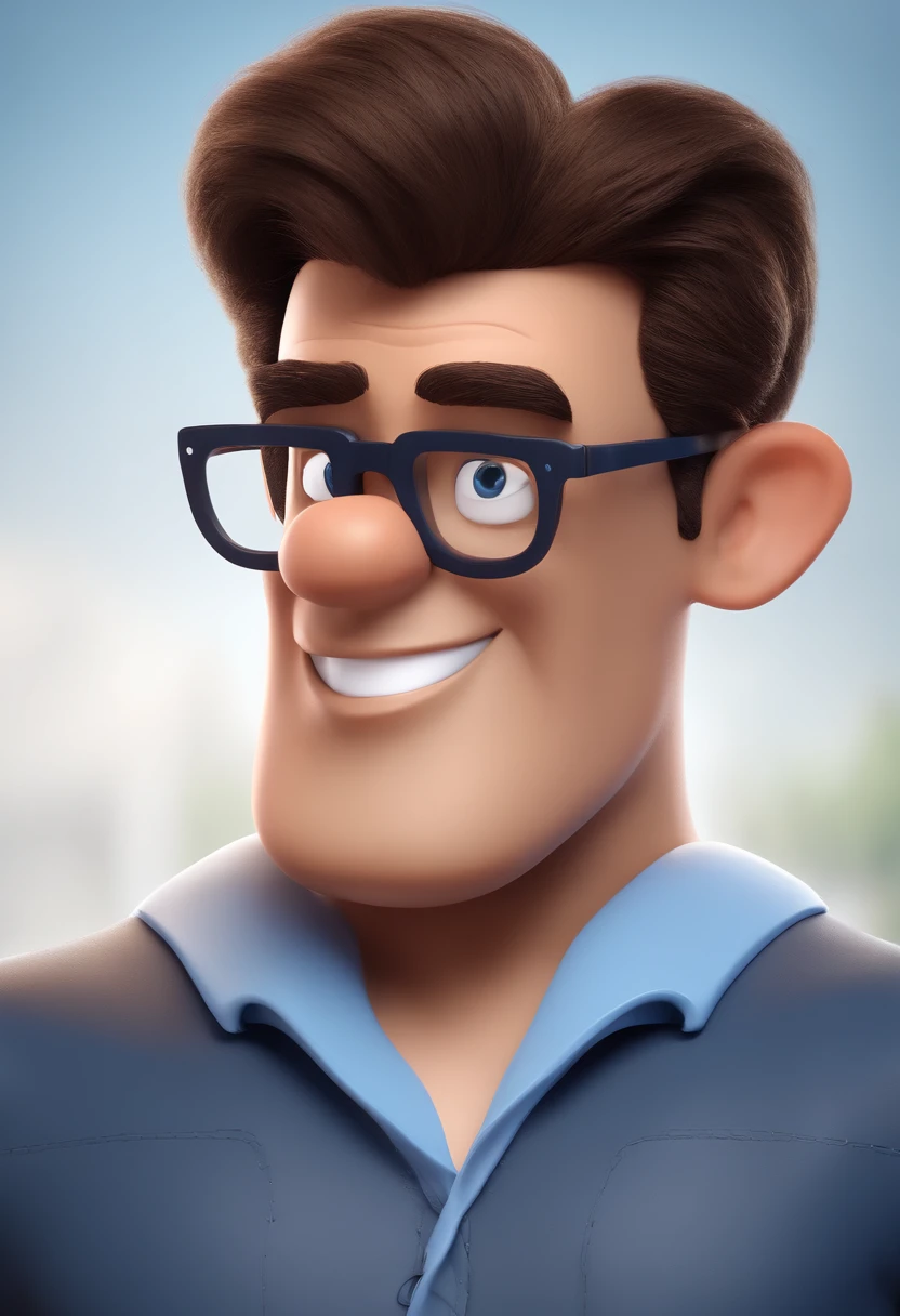 Cartoon character of a man with black glasses and a blue shirt, animation character, Caractere estilizado, animation style rendering, 3D estilizado, Arnold Maya render, 3 d render stylized, toon render keyshot, Personagem 3D, Personagem 3D, 3d rendering stylized, 3 d character render, personagem de desenho animado, Personagem de close up, Pose de personagem,  (Estilo Pixar) (master part:1.2) (Bokeh) (best quality) (pele detalhada) (textura detalhada) (8k) (argila) (Cinematic lighting) (foco nítido