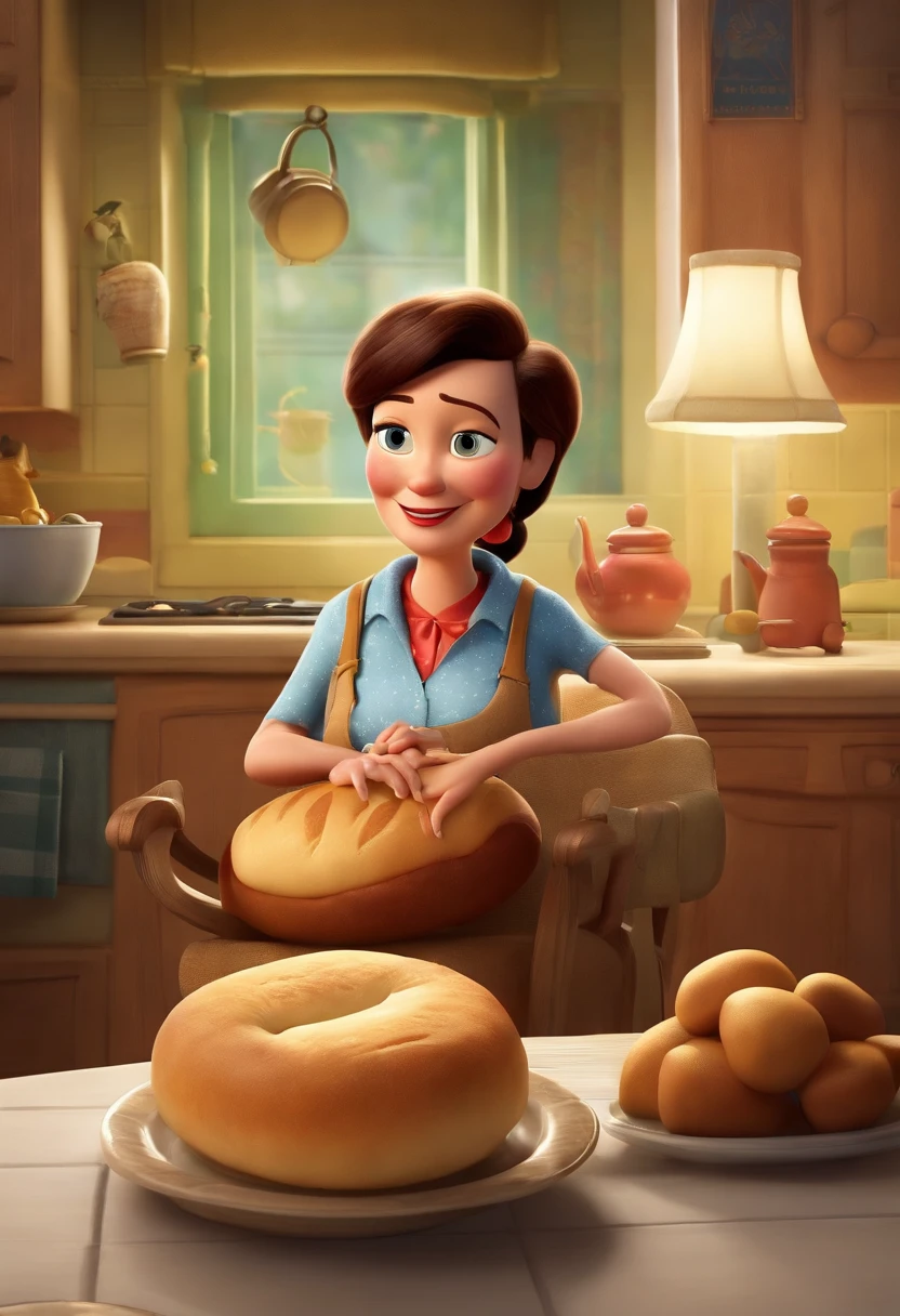 A Disney Pixar movie poster of Toy Story, featuring a 71-year-old lady, short, chubby, with very young and light brown skin, black hair with a shoulder-length cut, dark brown eyes. She is a very loving grandmother, who takes care of everyone, and loves to drink coffee in a mug and eat homemade bread with butter, sitting in a chair next to her little table that is in the kitchen of her house. She has two canaries, one white and one yellow, and many birds and hummingbirds.