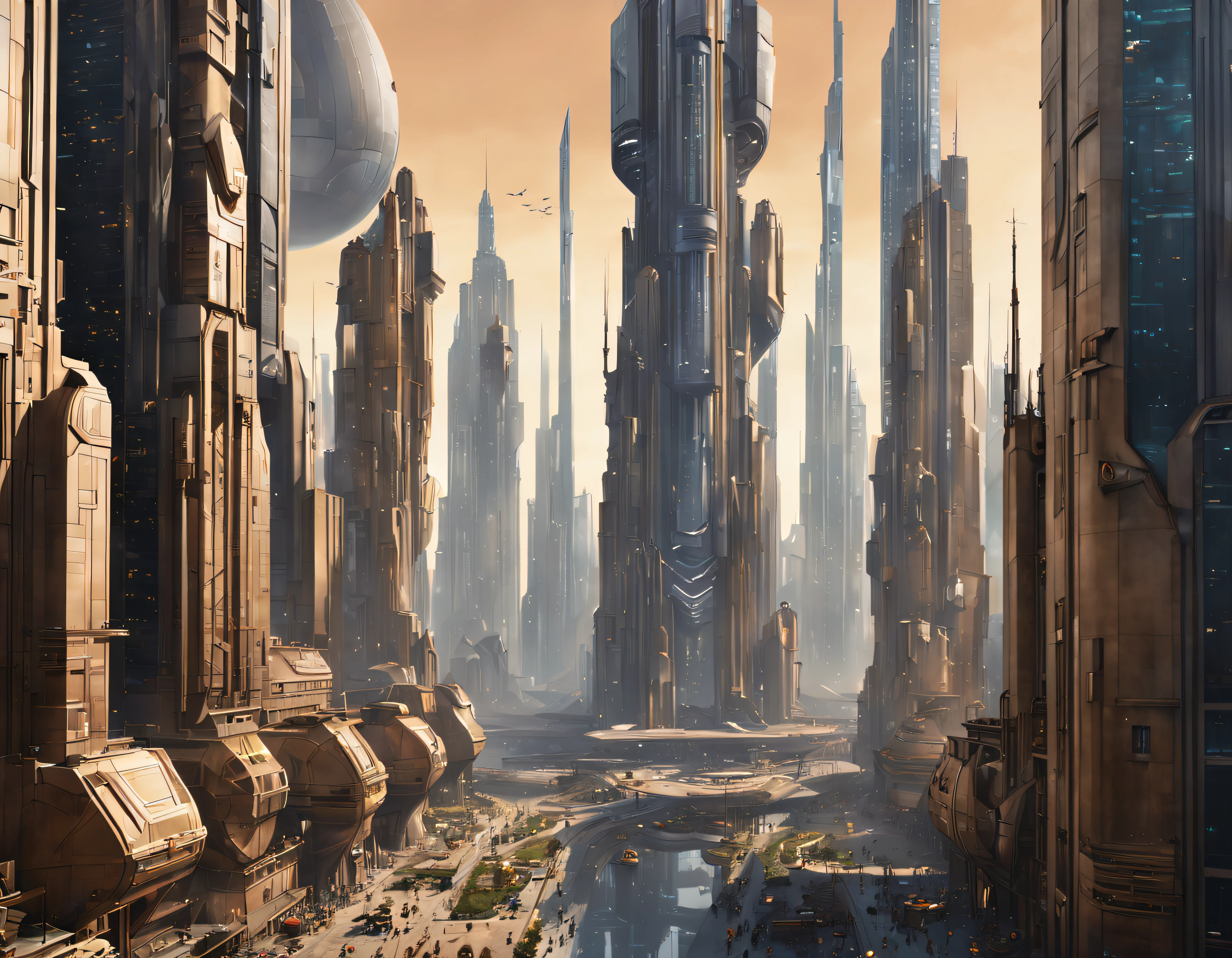 The city of Coruscant from Star Wars as designed by Doug Chiang, futuristic fantasy city with immense buildings of technological design (que forman una avenida infinita), edificios compactor no difuminados, con estructuras acristaladas en plata, oro y bronce espectaculares, (con colores vivos). pavimento ensolado (sin brillo). gente paseando. imagen bien definida con muchos edificios juntos. imagen nitida bien definida 8k. los edificios llegan alta el fondo.,8k. imagen cinematografica.
