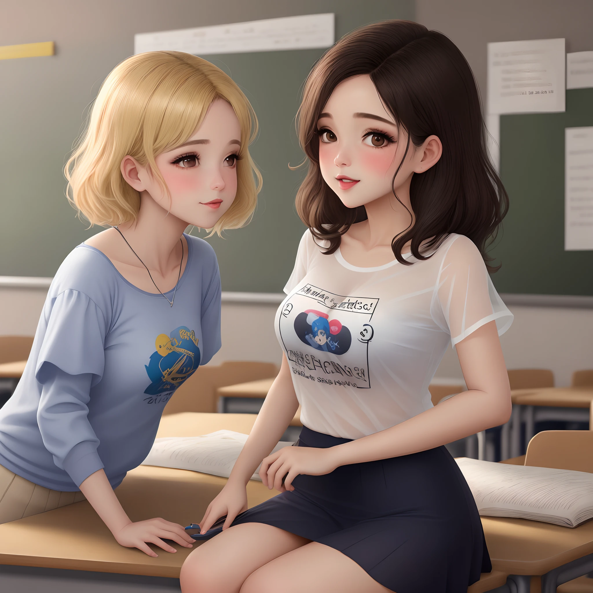 Professora latina sentada na escrivaninha chupando pirulito. Seios moderados. Blusa branca transparente com decote avantajado. Coxas grossas. Mini saia de couro. Calcinha transparente branca. messy classroom.