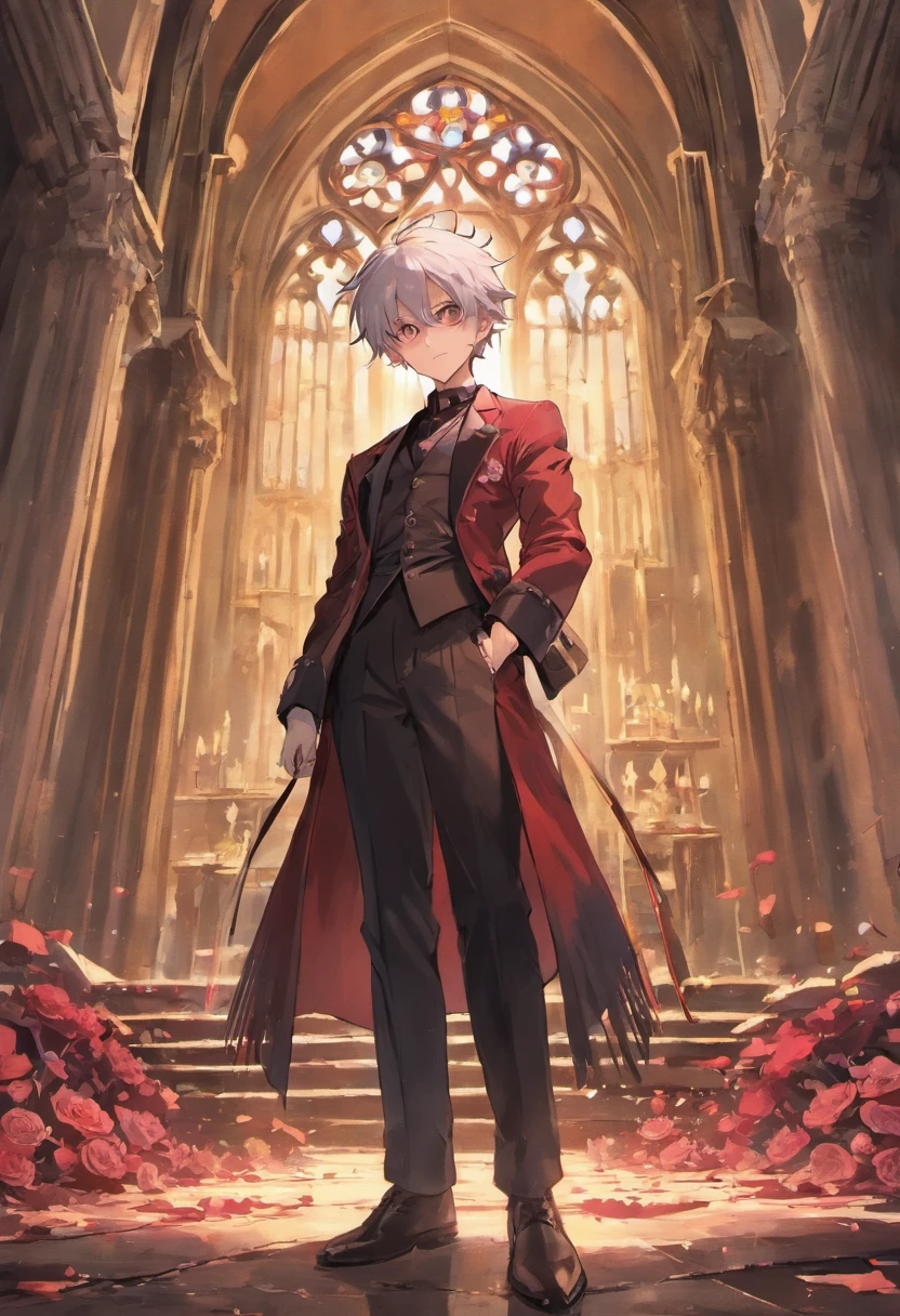 Silver-haired beautiful boy with voluminous spiked hair combed back with bangs combed back、red eyes、tailcoat、Inside a ruined church、Red flowers scattered on the floor