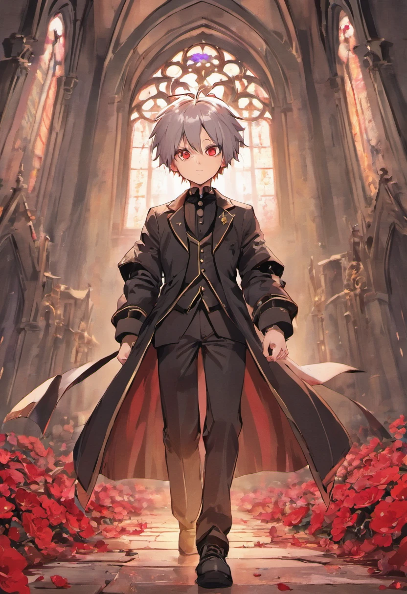 Silver-haired beautiful boy with voluminous spiked hair combed back with bangs combed back、red eyes、tailcoat、Inside a ruined church、Red flowers scattered on the floor