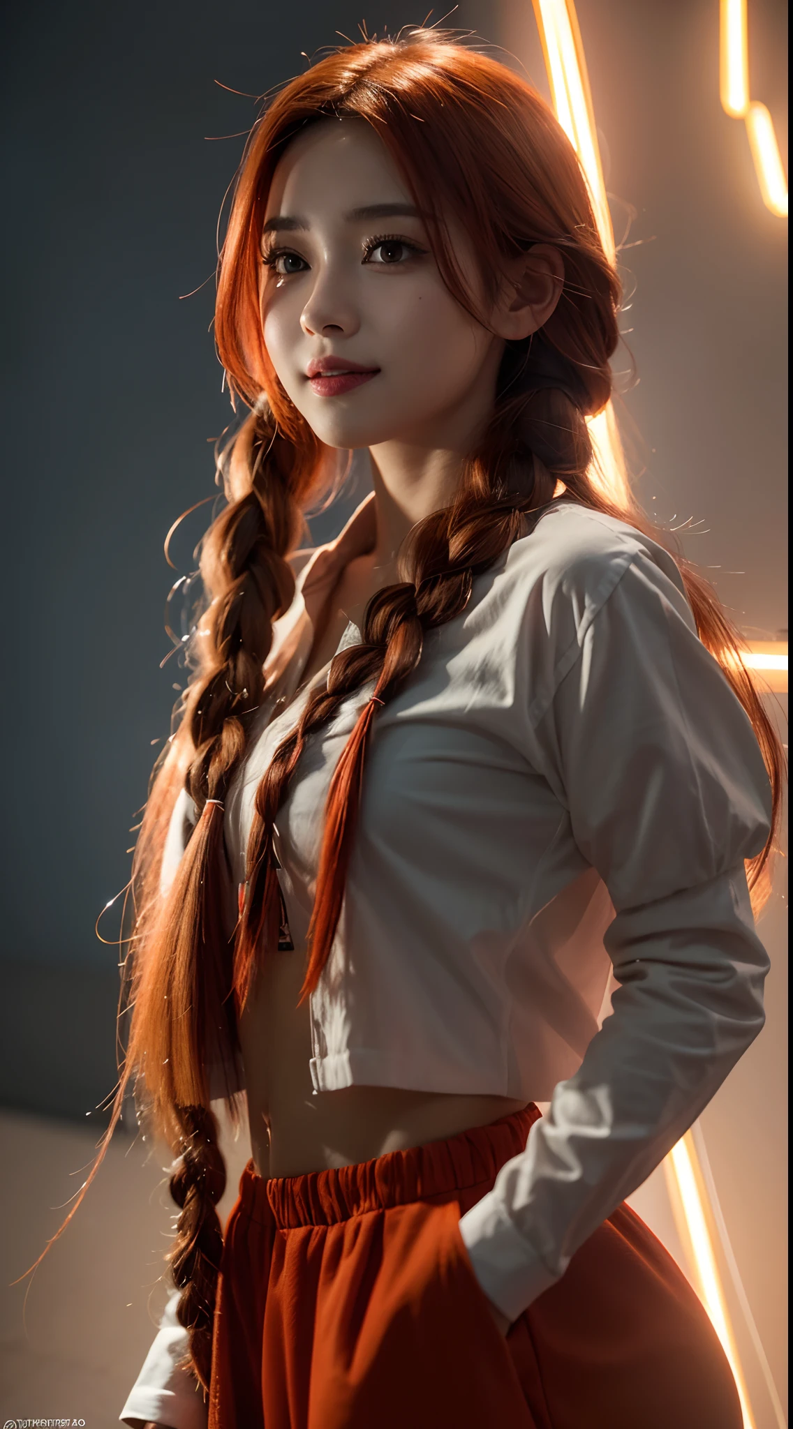 render como uma menina anime 3d muito bonita, Pouco quente, long braided orange red hair, hazelnut eyes, rosto redondo completo, peituda, sorriso curto, cinematographic lightning, medium shot, Tiro no meio, altamente detalhado, trending on ArtStation, Unreal Motor 4k, cinematic wallpaper