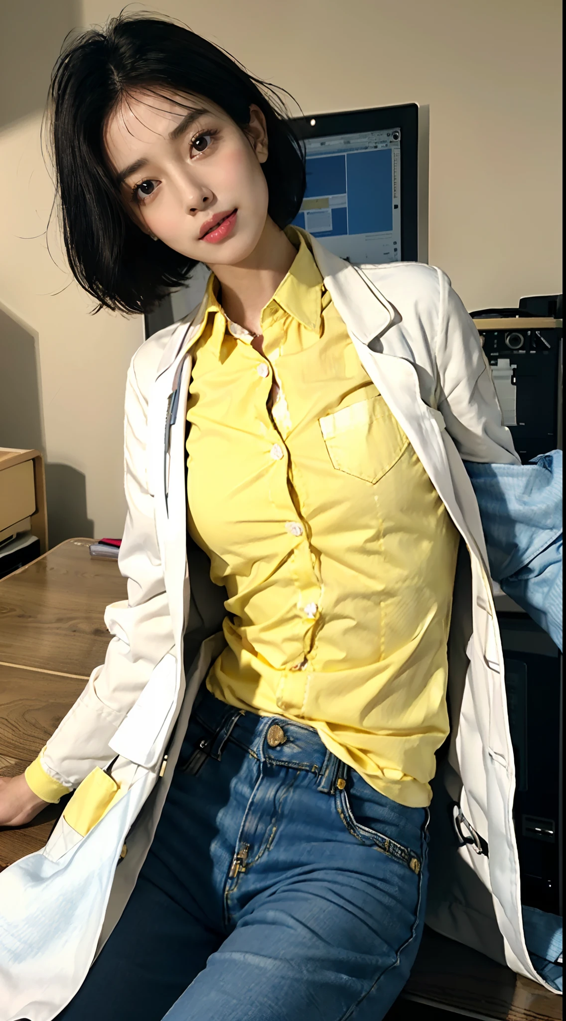 ((Small underboob)), (shoulder-length straight short hair:1.2),(black hair:1.5),Upper body, （Extremely meticulous CG 8k wallpaper），（Extremely refined and beautiful），（Masterpiece），（best qualtiy：1.0），（Ultra High Resolution：1.0），beautiful light up，Perfect lightning，realistic shaded，[A high resolution]，Smooth and flawless fair skin，Extremely exquisite facial details，（perfect body：1.1），ultra - detailed,A beautiful girl，small head,(Small breasts:1.1)，Flat chests，slim，thin，Smile,Squinting eyes,happy,(doctor's white coat:1.7),(Yellow checkered collared shirt:1.4),(denim pants:1.3),autumn,Morning,A female doctor,(messy hair:1.1),unkempt,In a dilapidated hospital，In the office,(lying flat on back on the computer table:1.5),Close Shot,(a lot of money on the table:1.5),cowboy shot,Portrait above chest level,from above,(female orgasmic:1.5),(blush:1.3),